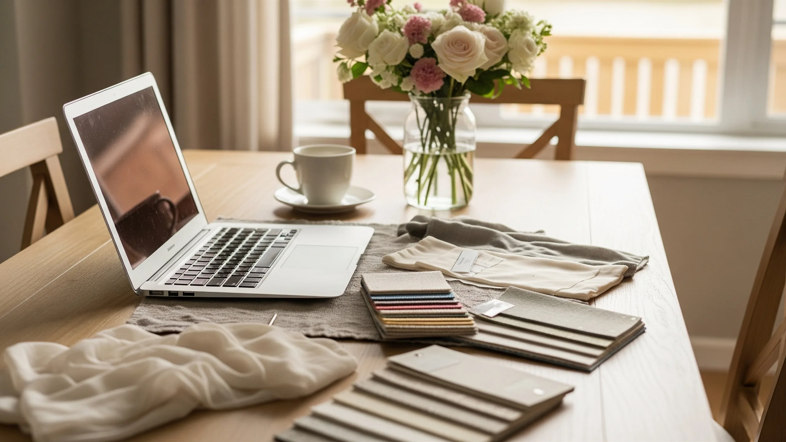 A sunlit home dining table set up for wedding planning, close-up detail