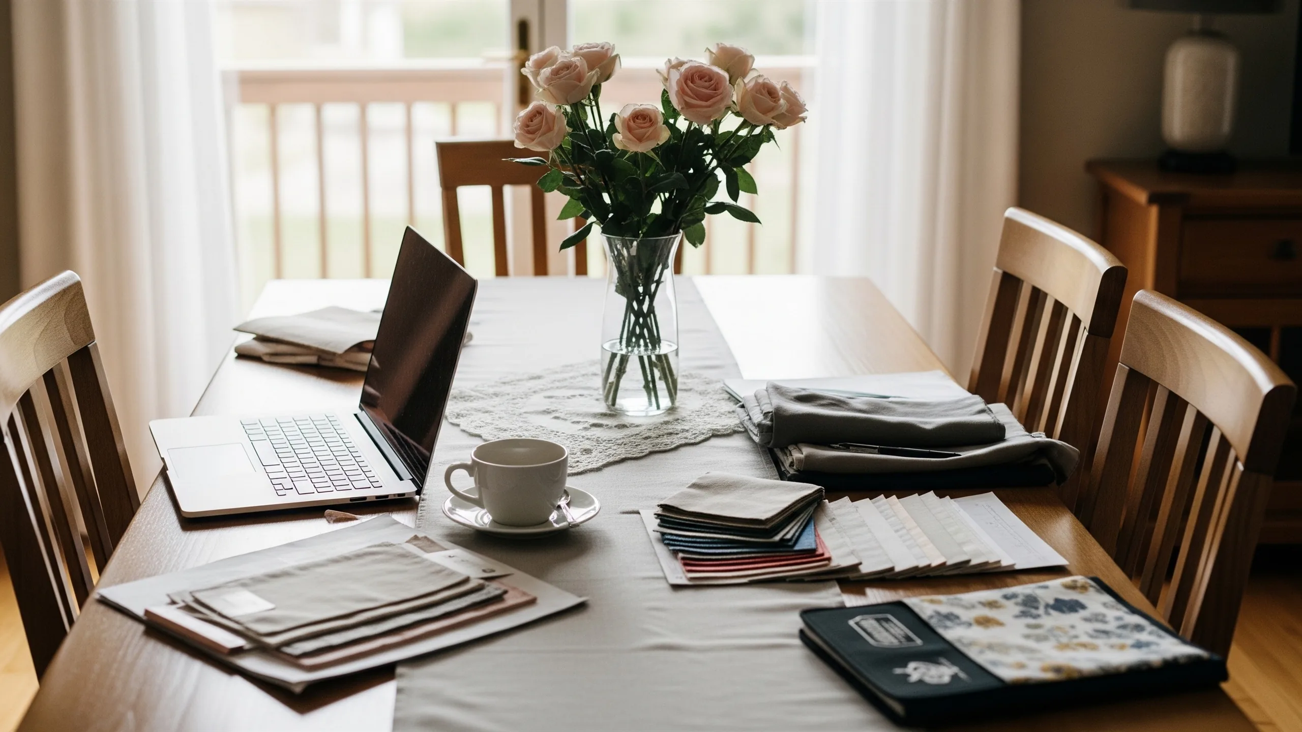 A sunlit home dining table set up for wedding planning, in context