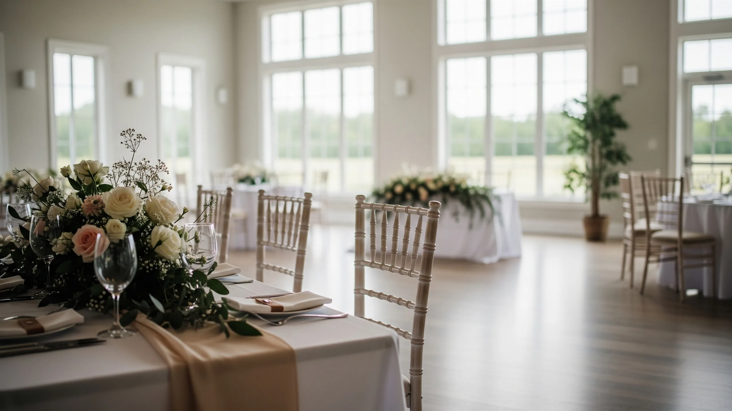 A bright, empty wedding venue hall being readied for a wedding, large windows, soft daylight, an open space awaiting setup, close-up detail