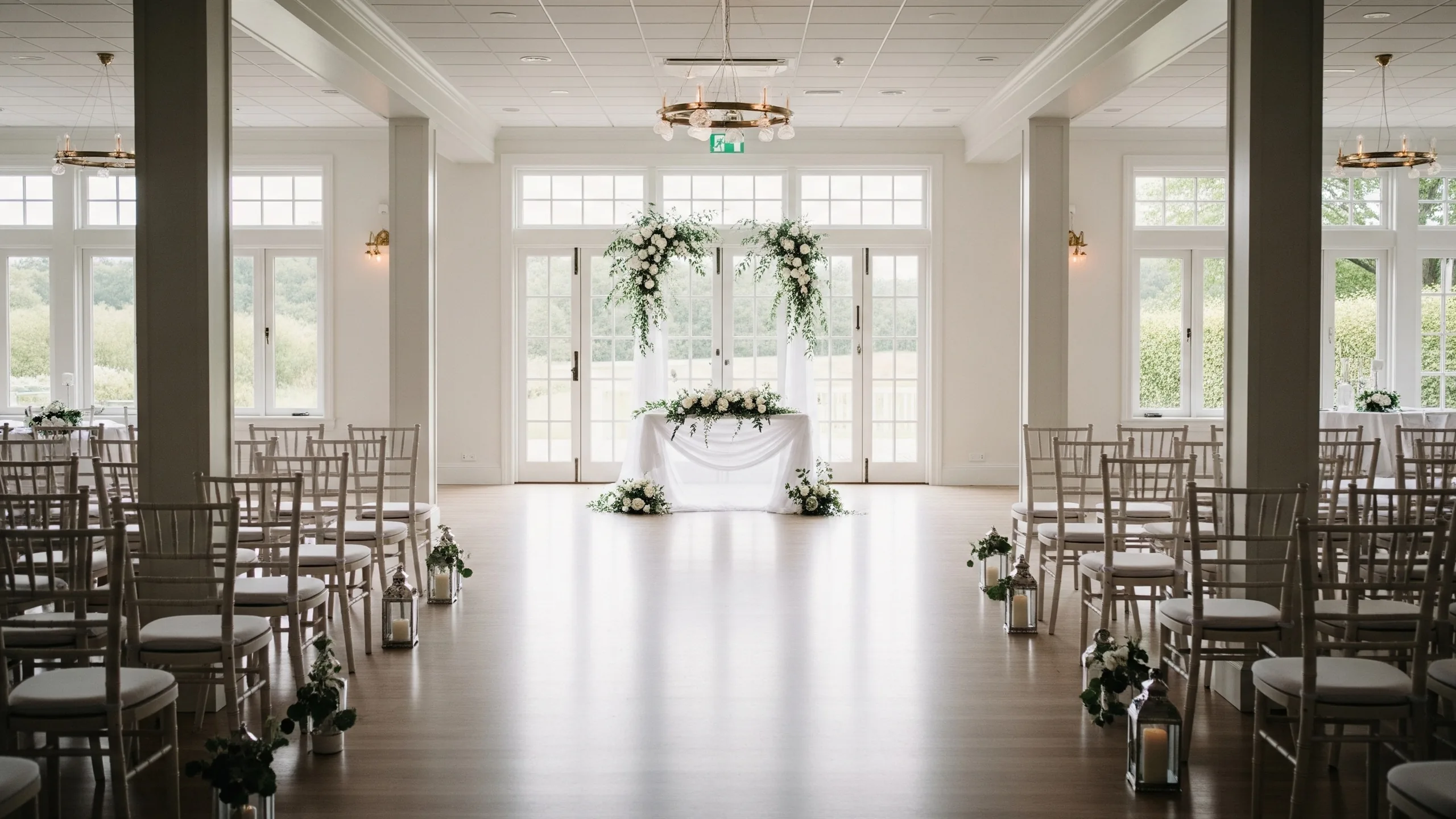 A bright, empty wedding venue hall being readied for a wedding, large windows, soft daylight, an open space awaiting setup, in context