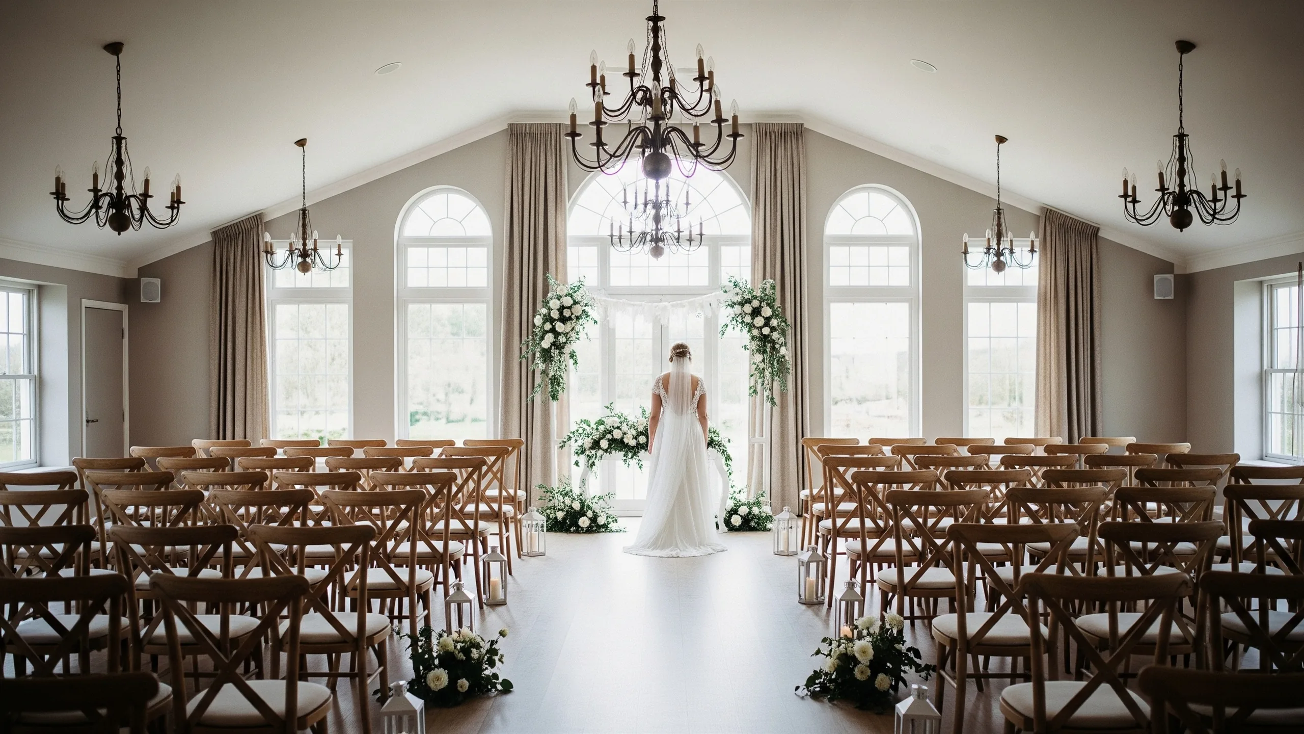 A bright, empty wedding venue hall being readied for a wedding, large windows, soft daylight, an open space awaiting setup, styled view