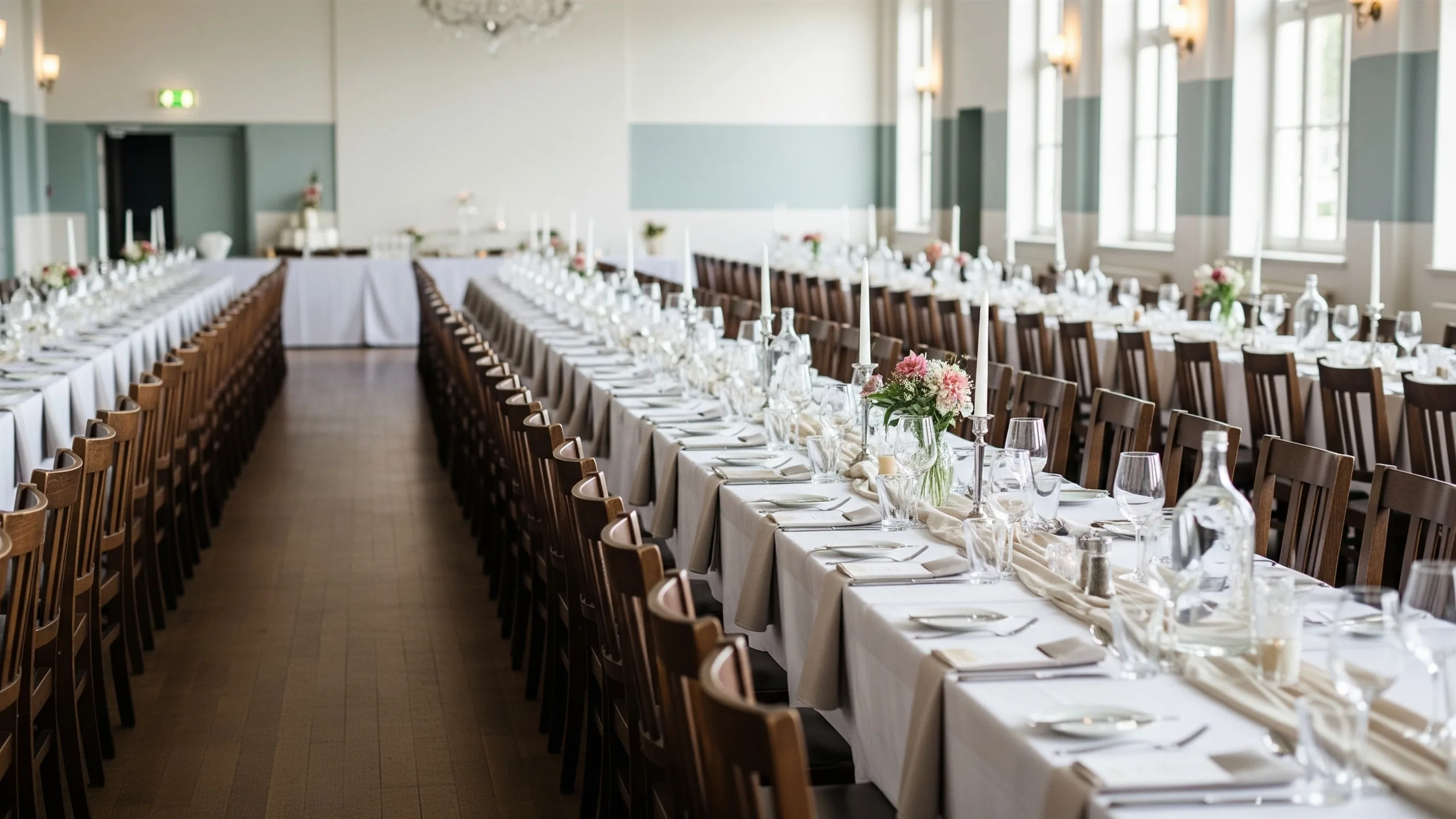 A long banquet hall lined with elegantly set guest tables stretching into the distance, conveying scale and guest count, in context