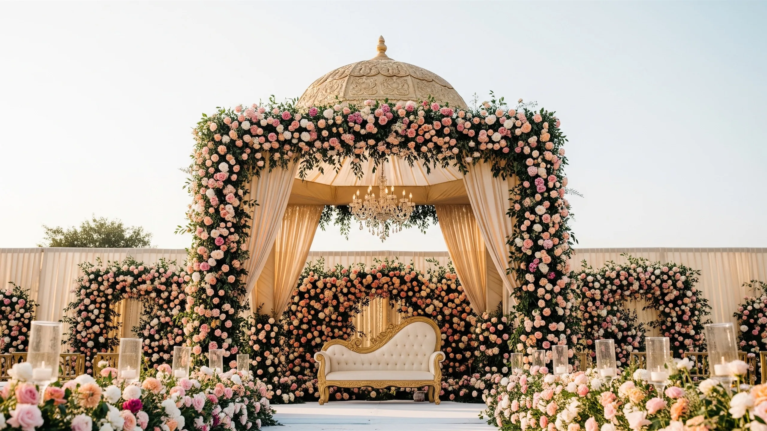 A towering floral mandap and aisle installation with premium blooms and rich drapery, lavish decor, styled view