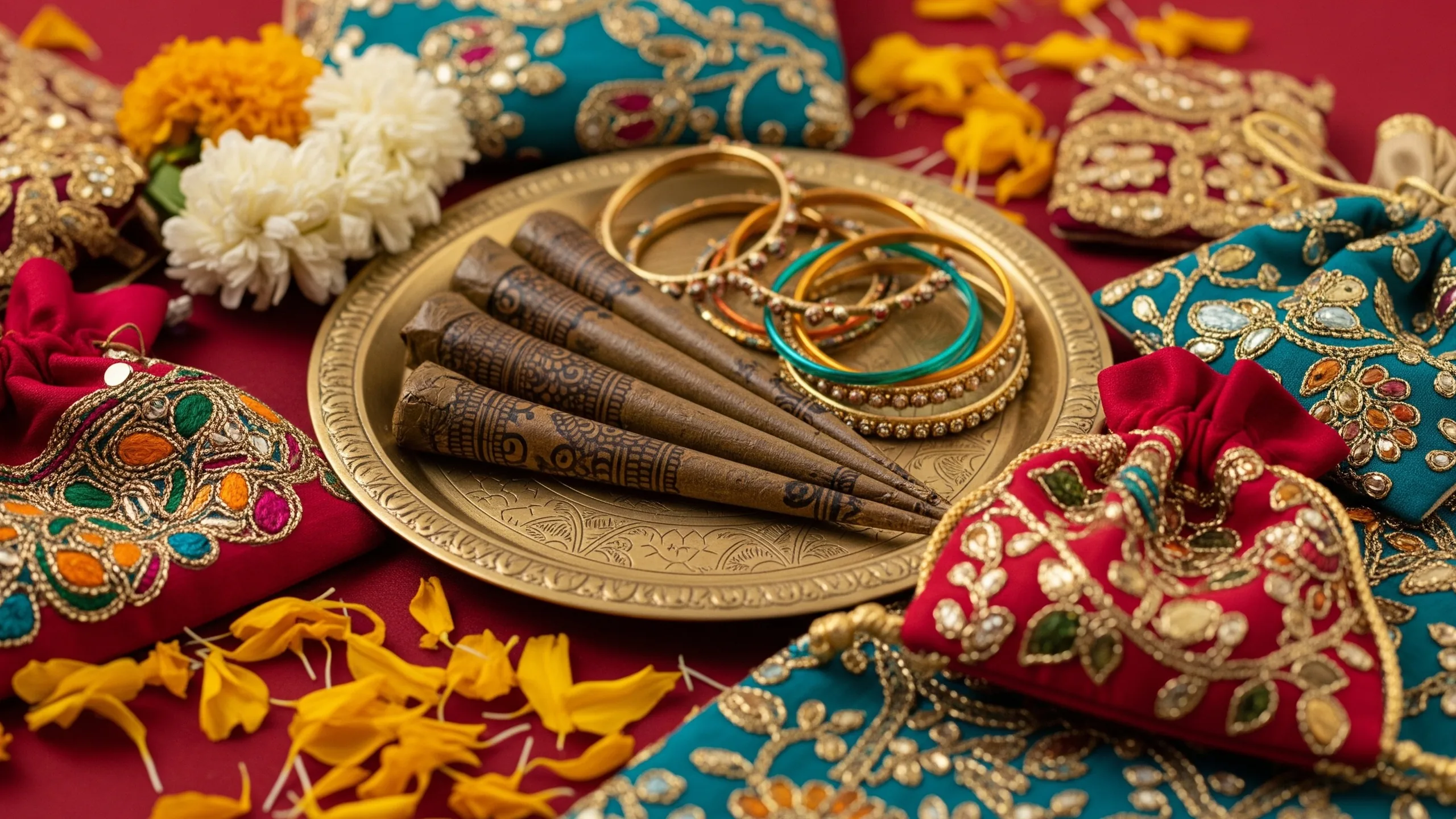 A close rich detail of fresh henna cones arranged in an engraved brass thali with bangles, mogra, marigold petals, embroidered potli bags and silk fabric, clean premium styling, no hands, no text, no labels, close-up detail