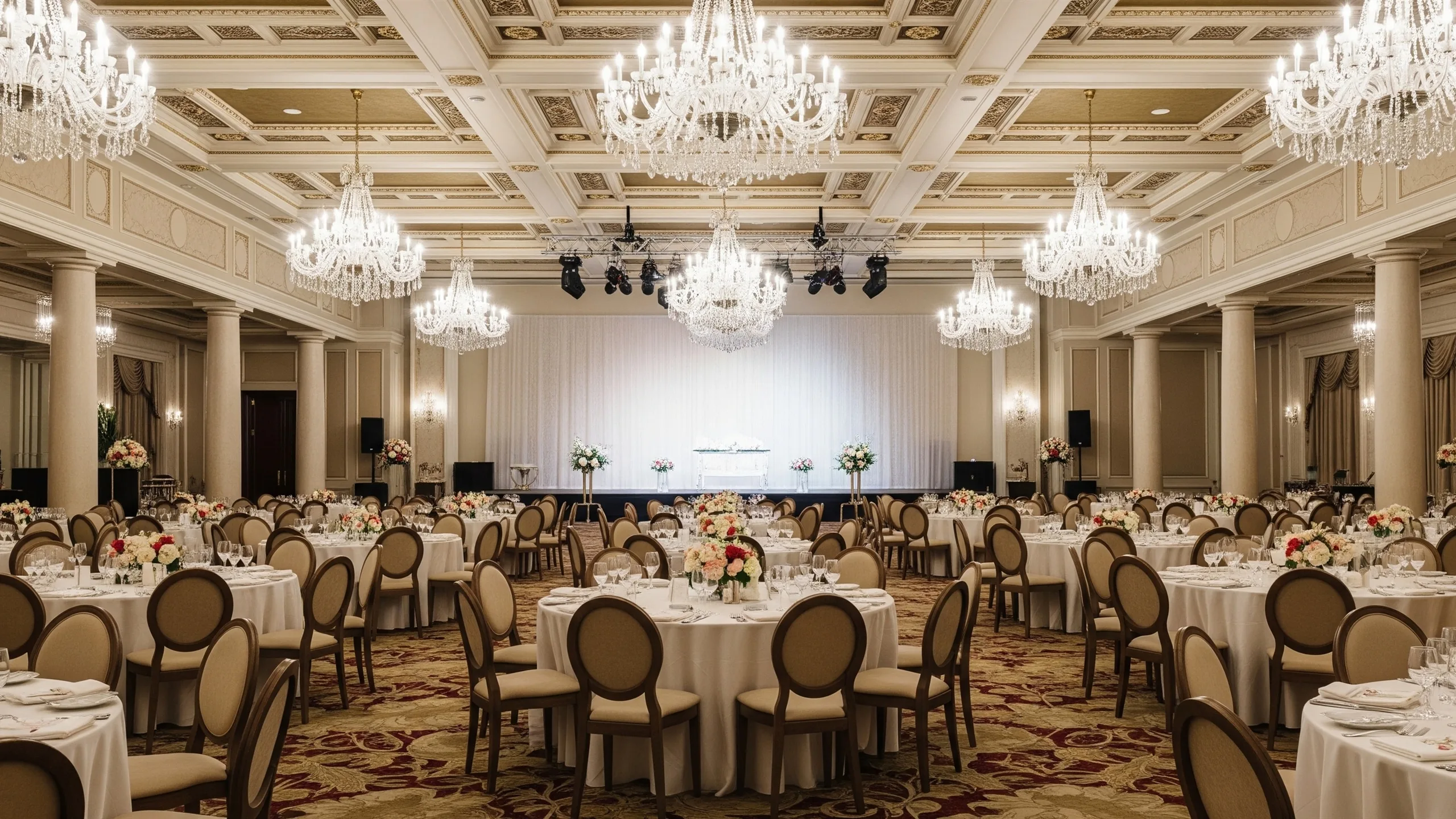 An opulent indoor banquet hall with chandeliers, high ceiling, premium round tables, floral centerpieces and a distant stage, elegant neutral lighting, no table numbers, no labels, close-up detail