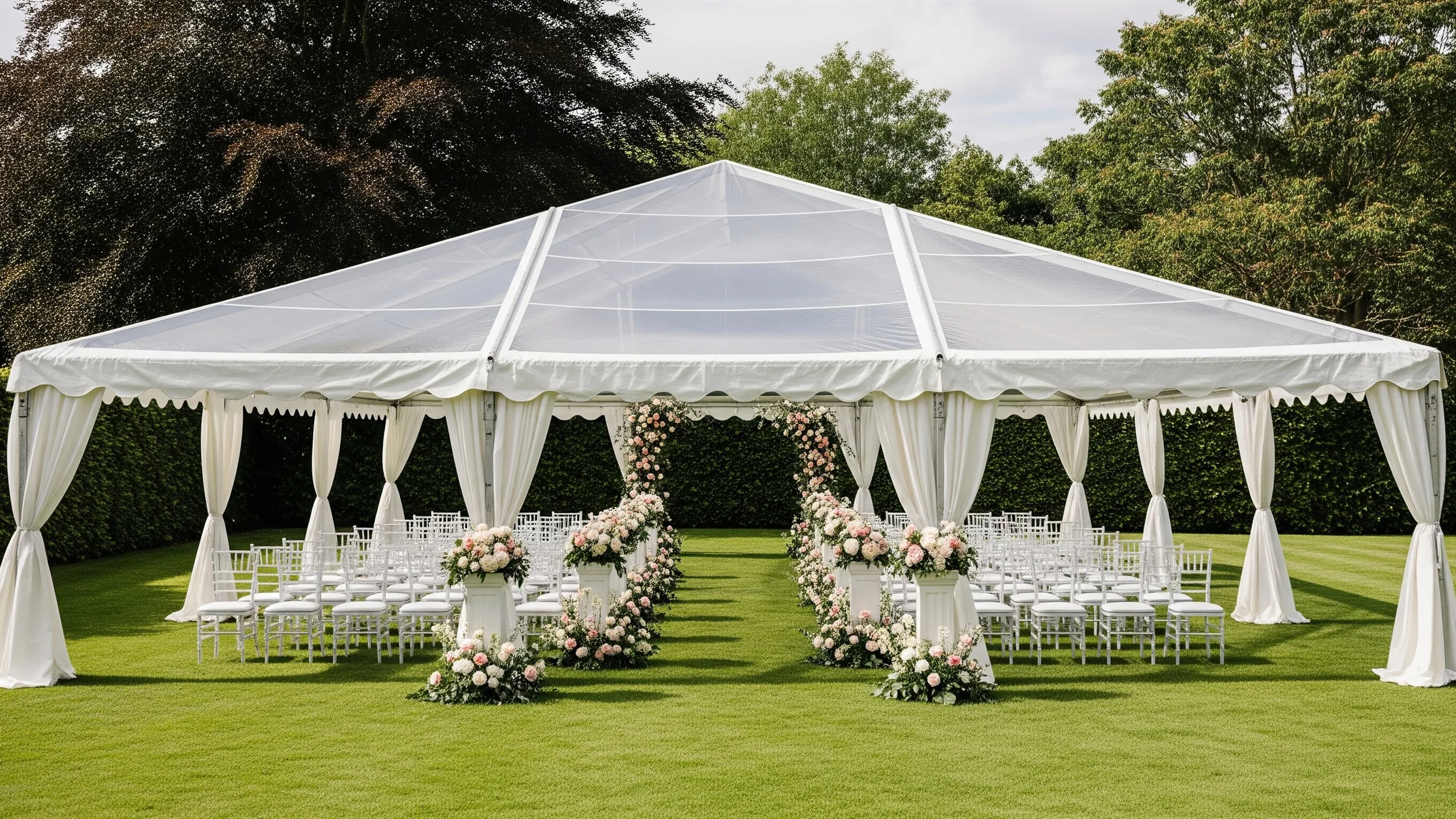 A luxury outdoor wedding lawn with weather-ready clear canopy, refined aisle decor, floral pillars and discreet service pathways, realistic planning-focused venue view, in context