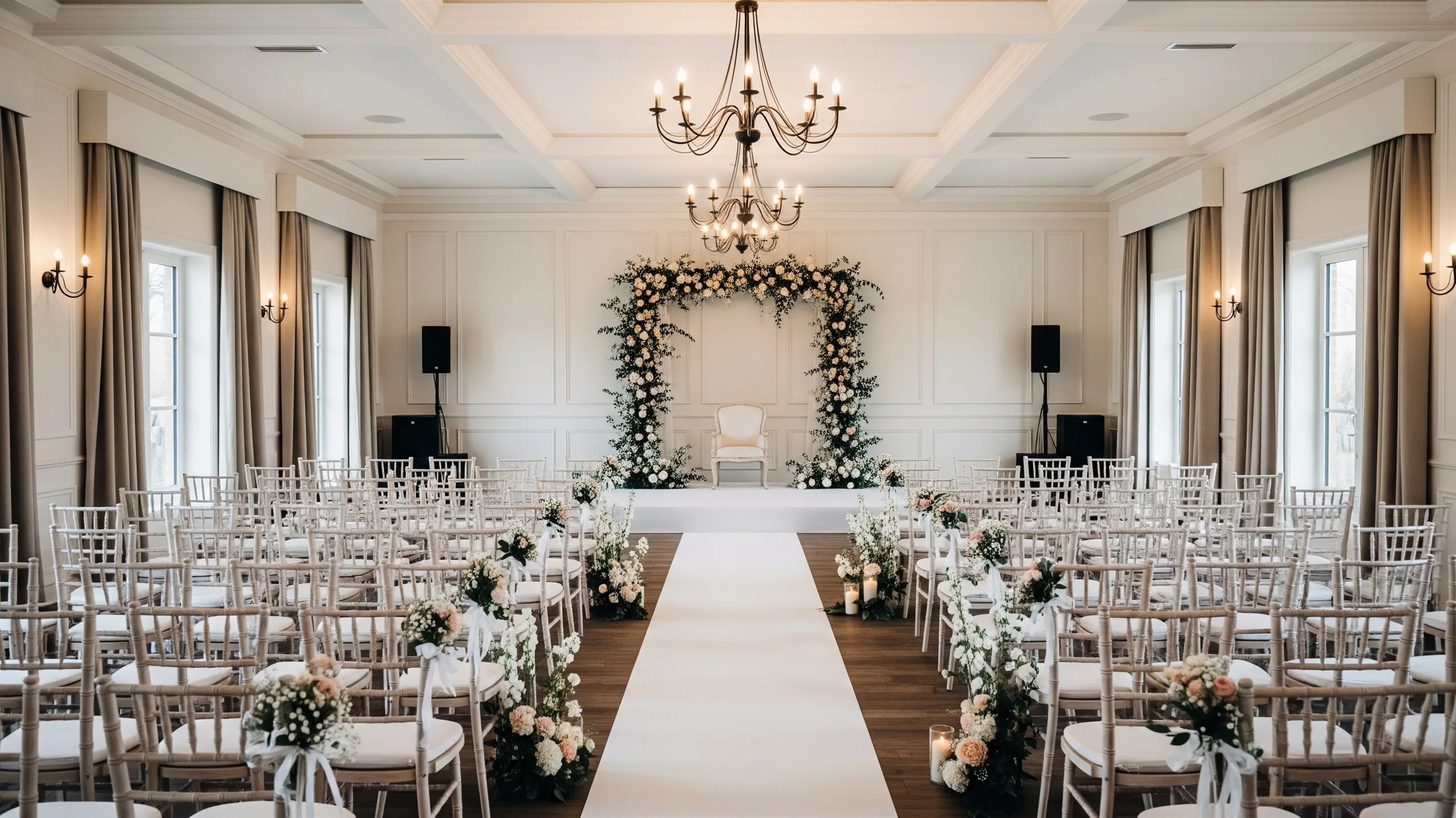 A premium venue inspection scene showing an empty decorated ceremony area, power cables hidden, stage lighting ready, valet-style entrance decor and architectural depth, no readable signs, styled view