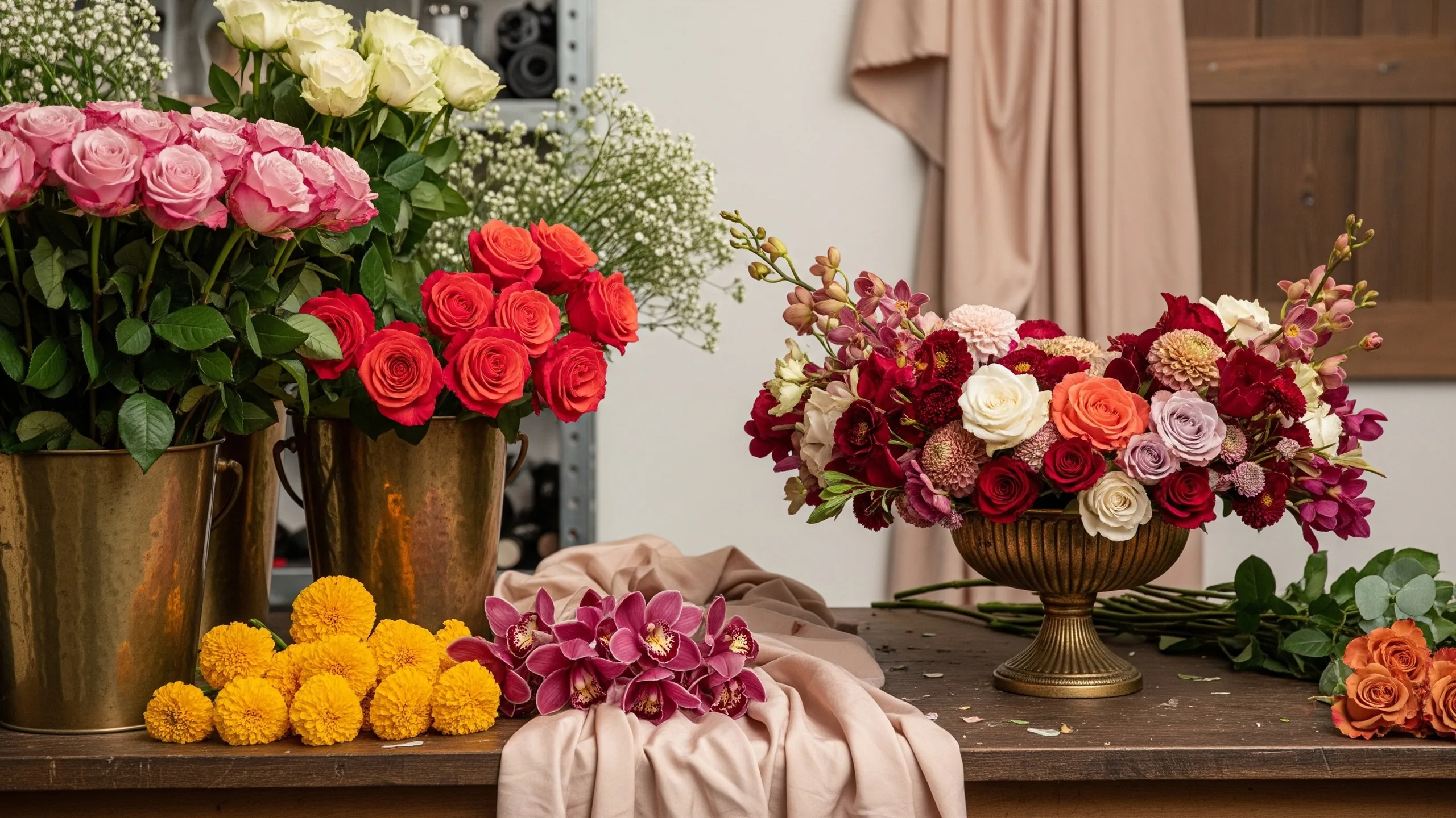 A luxury florist workshop with buckets of roses, orchids and marigolds, brass vessels, silk drapes and a half-built premium centerpiece on a clean workbench, no labels, close-up detail