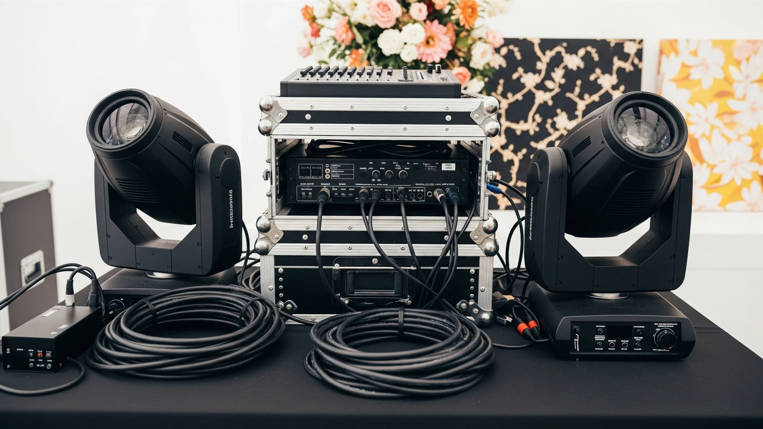 An elegant sound and lighting vendor setup with unbranded black fixtures, coiled cables, blank control surfaces and a floral stage sample in the background, no logos, in context