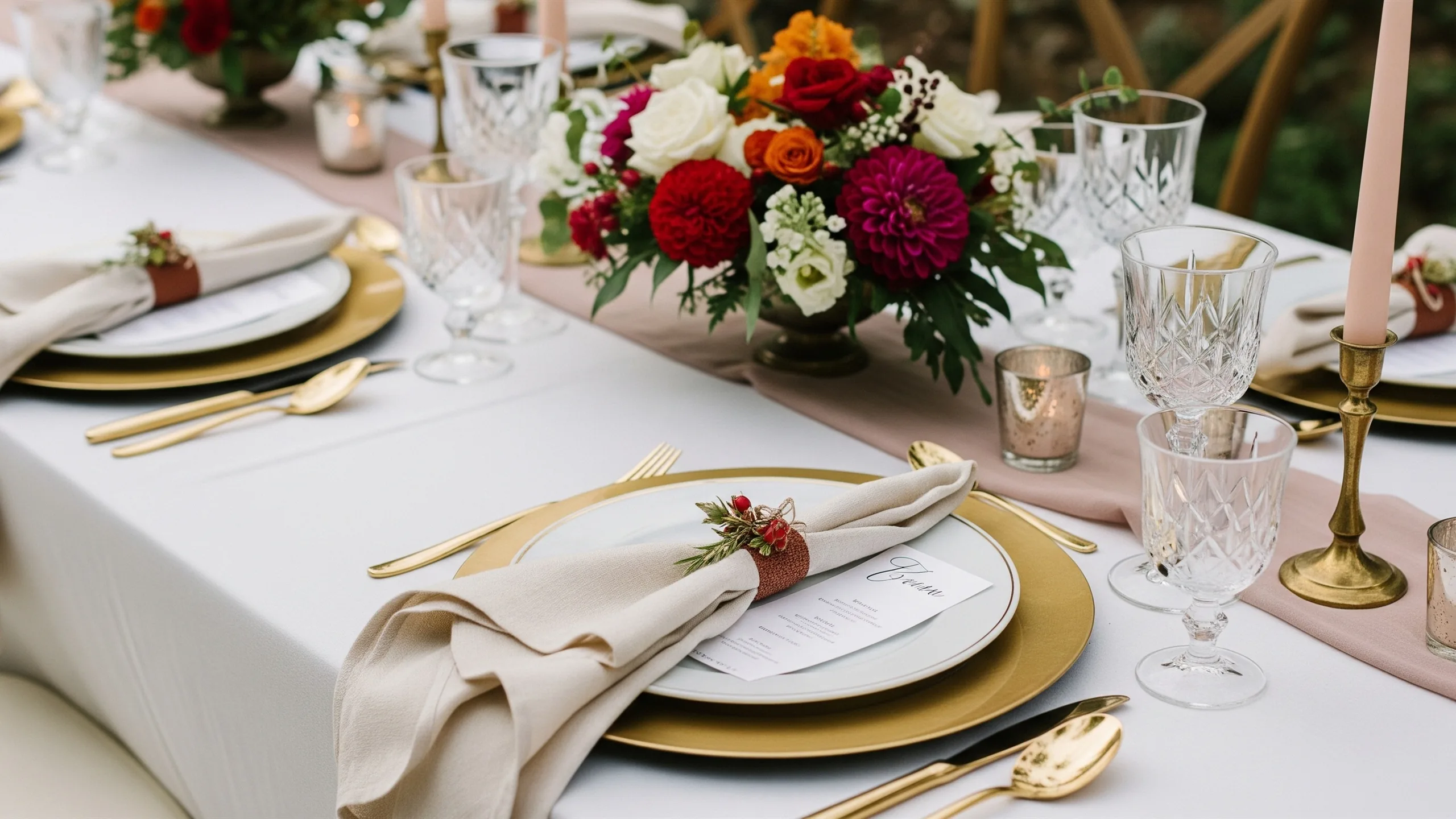 A close detail of luxury empty place settings with folded napkins, floral centerpieces, brass charger plates and crystal glassware, no menu cards, no labels, close-up detail