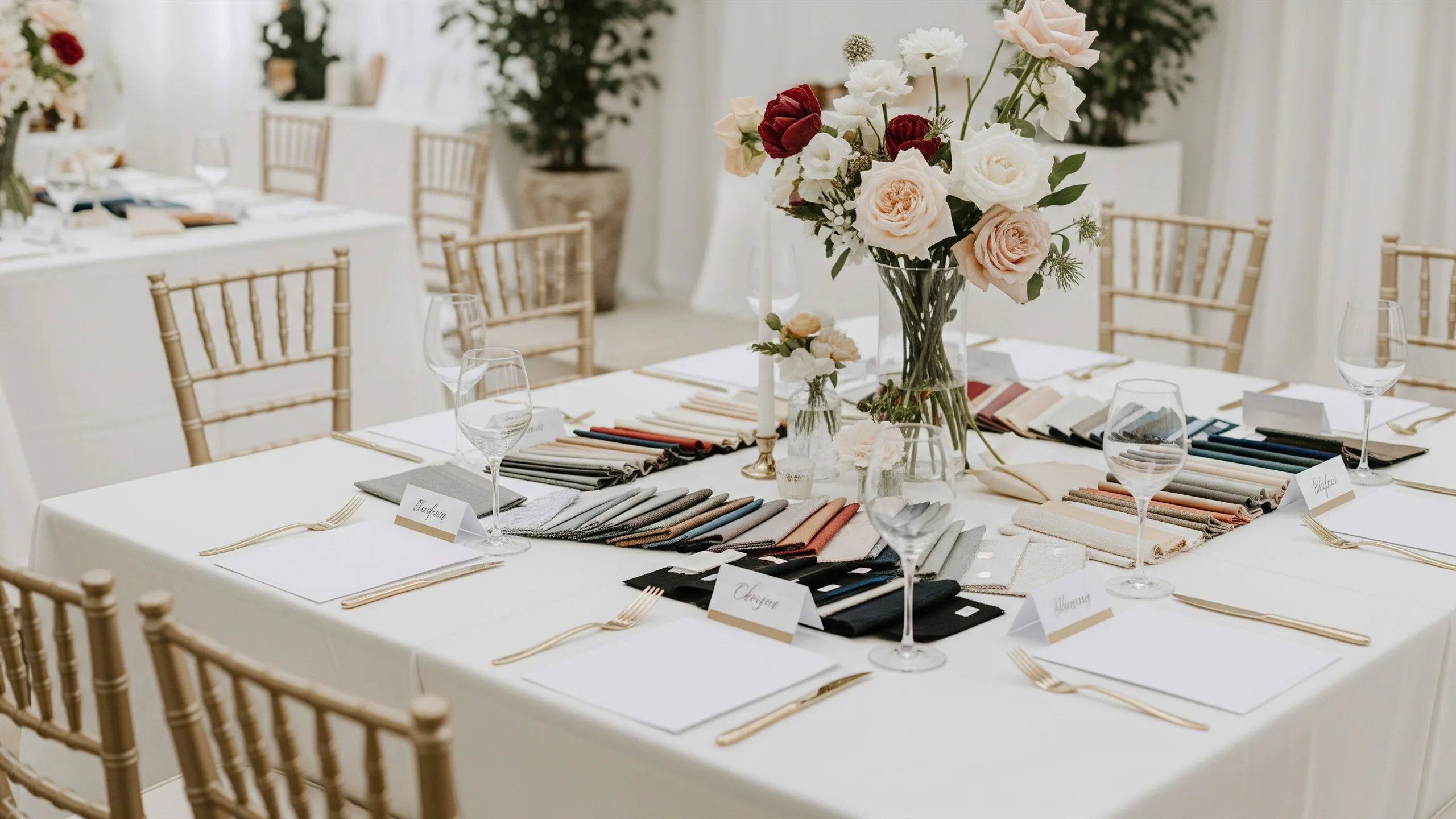 A high-end seating layout scene with blank table mockups, fabric swatches, floral samples and miniature chair markers with no writing, premium planning studio, in context