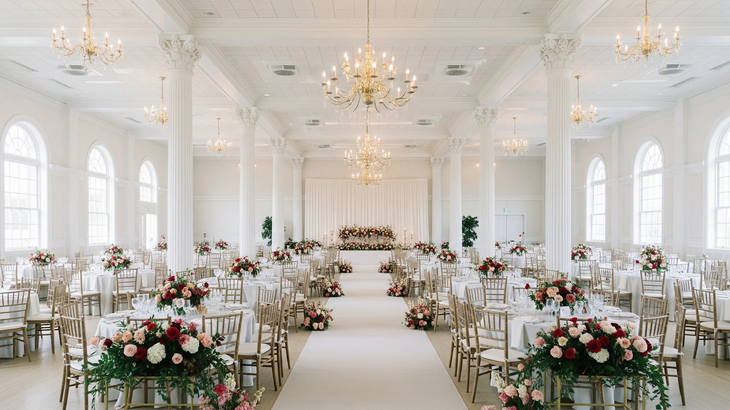 A spacious banquet venue divided into elegant seating zones with clear aisles, floral table clusters and a grand stage in the distance, no signage, styled view