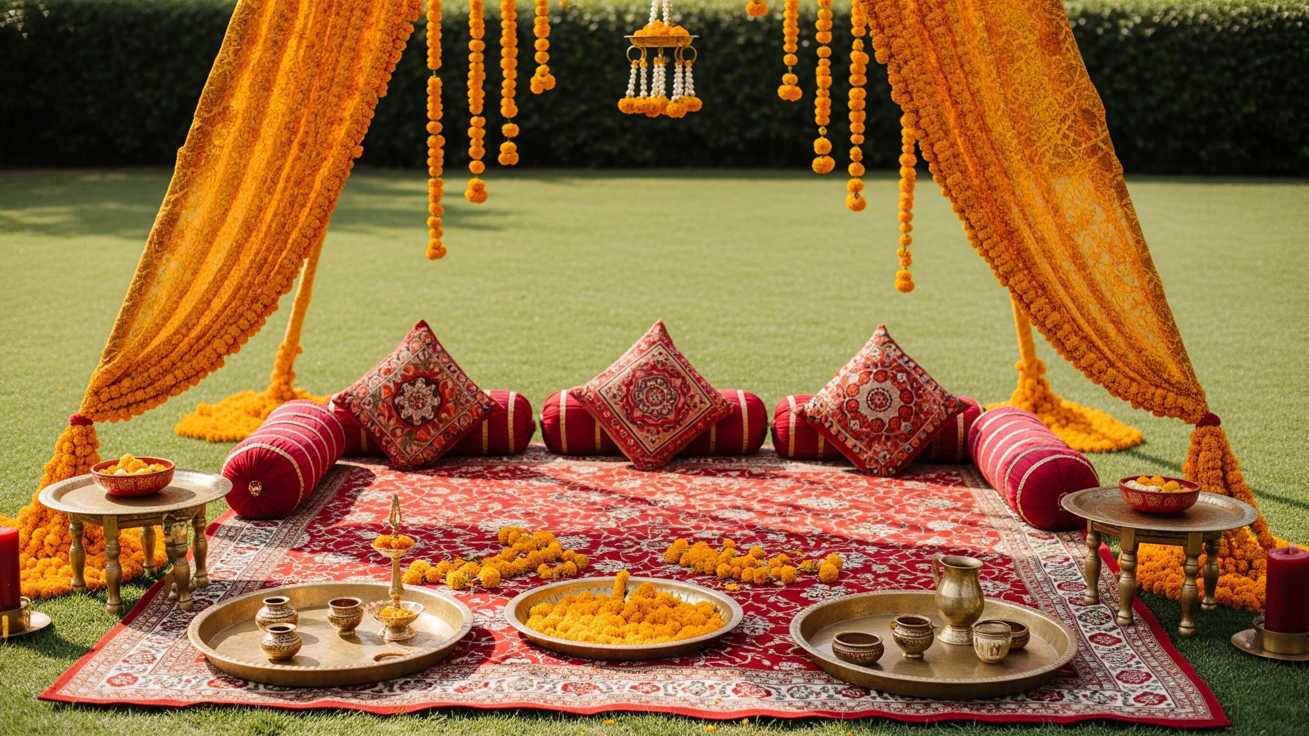 A premium mehndi afternoon setup with garden seating, marigold canopy, brass trays and colorful cushions, close-up detail