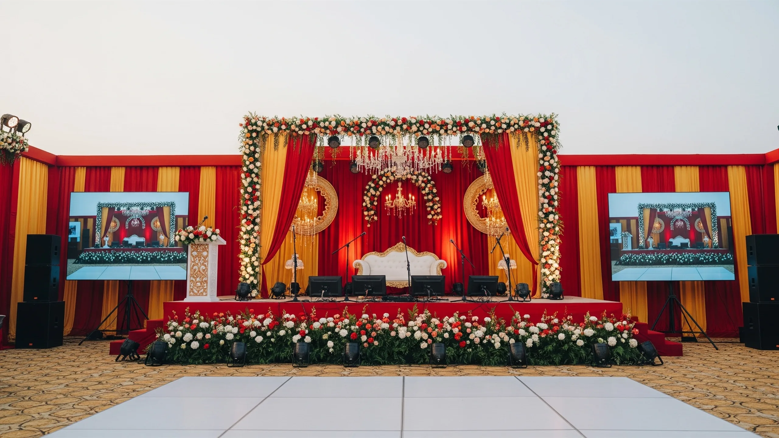 A grand sangeet evening stage with jewel-toned drapes, dance floor, stage lights and unbranded microphones, no readable screens, in context