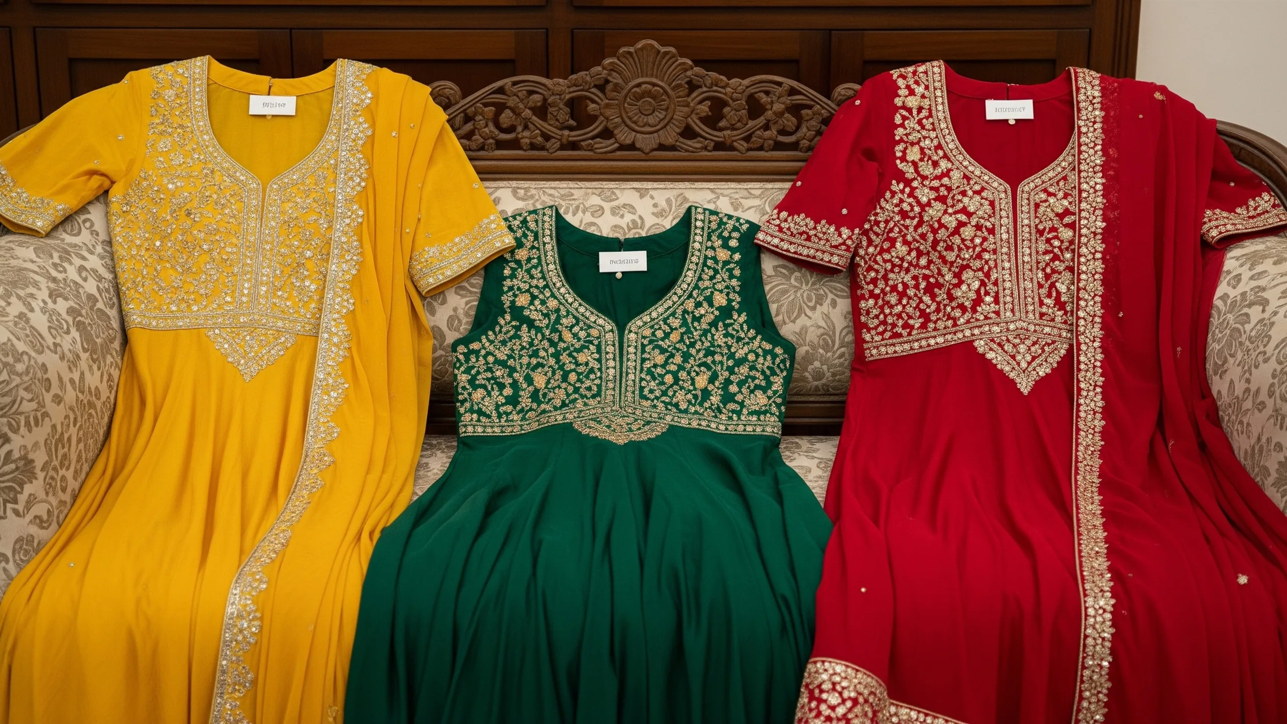 An elegant event-wise outfit layout with haldi yellows, mehndi greens, sangeet jewel tones and wedding reds arranged on carved furniture, no text, in context