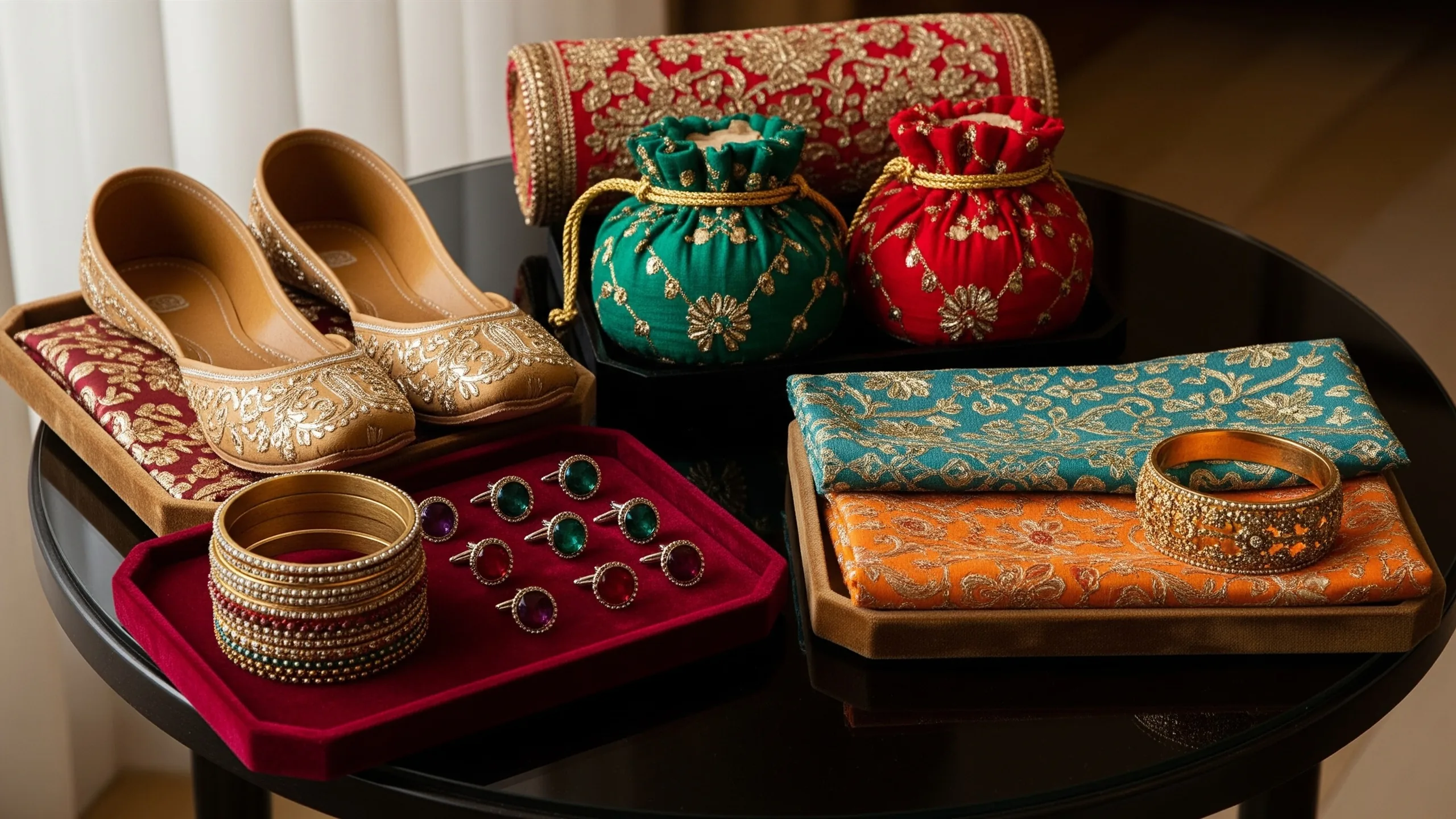 A refined accessories scene with juttis, potli bags, cufflinks, safa fabric and bangles on velvet trays, premium styling, no labels, styled view