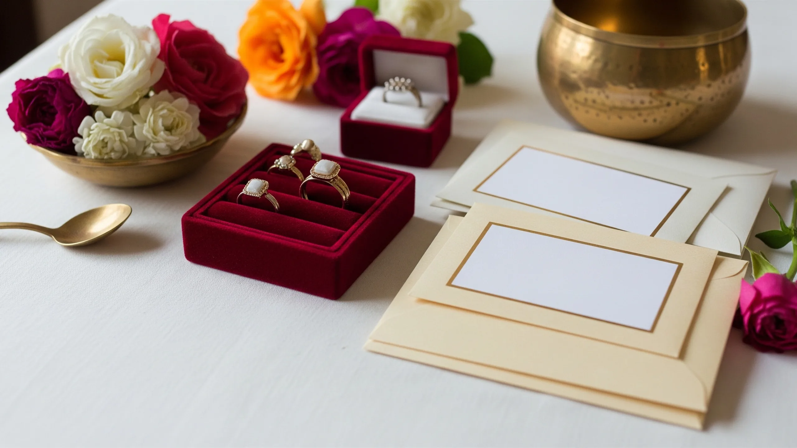 A premium family gift presentation setup with velvet ring tray, decorative envelopes with blank surfaces, brass bowl and flowers, no readable writing, in context