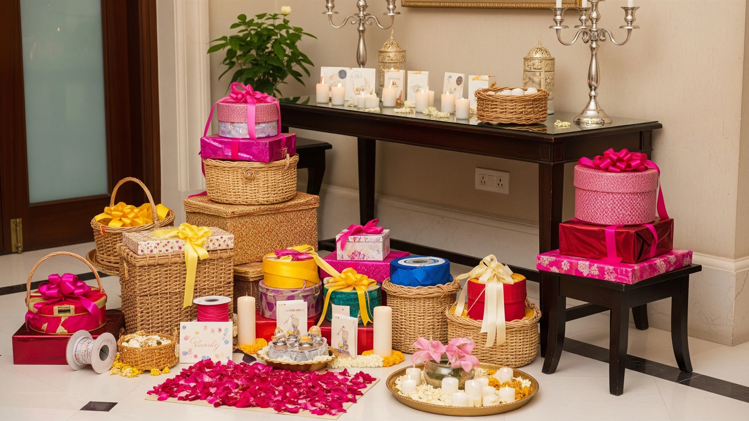 A refined return-gift display in a palace-style foyer with stacked hampers, ribbons, candles and floral urns, no cards, styled view
