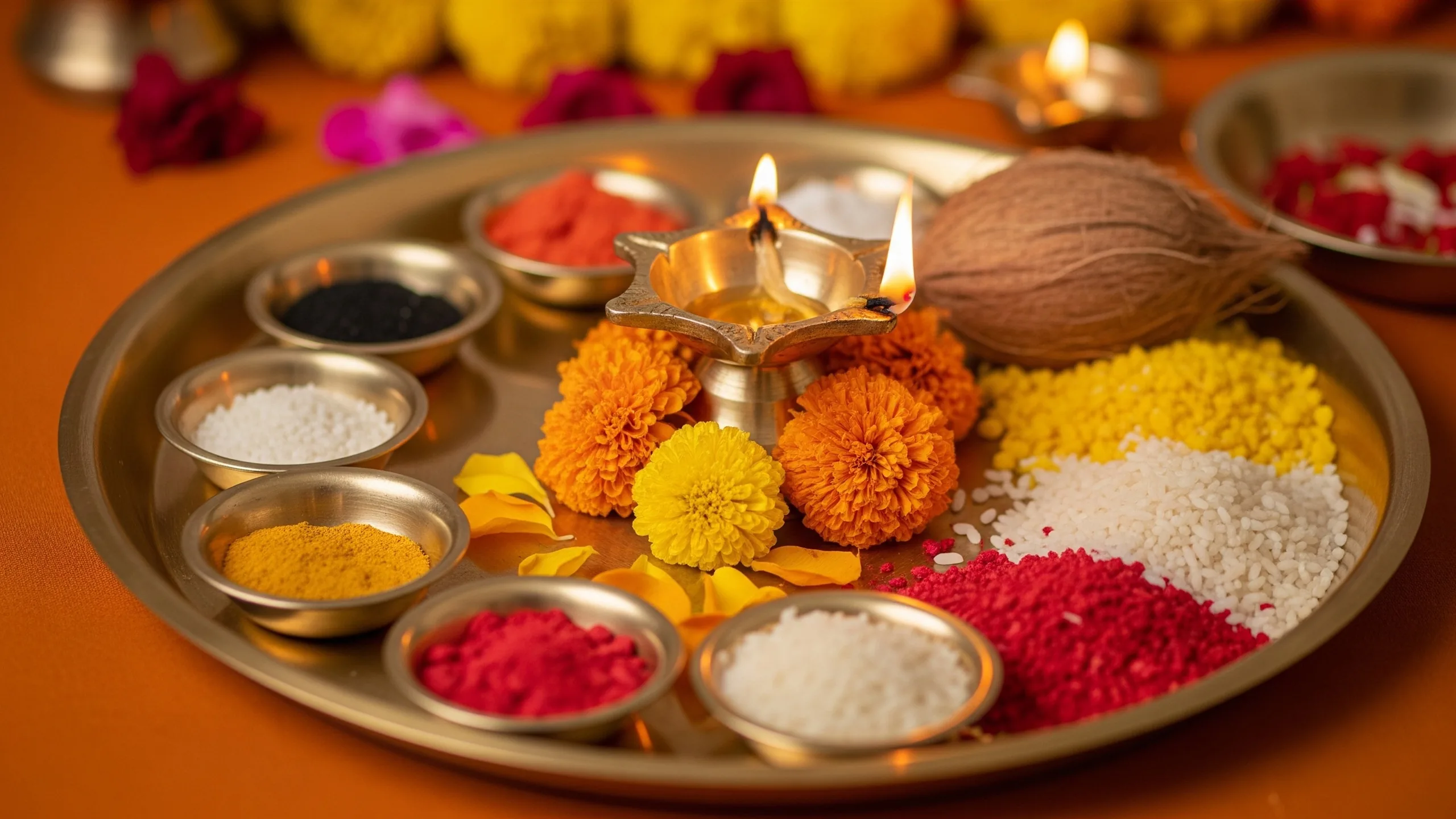 A close ritual detail with brass thalis, kumkum, rice, flower petals, coconut and diyas arranged beautifully on silk, no text, close-up detail