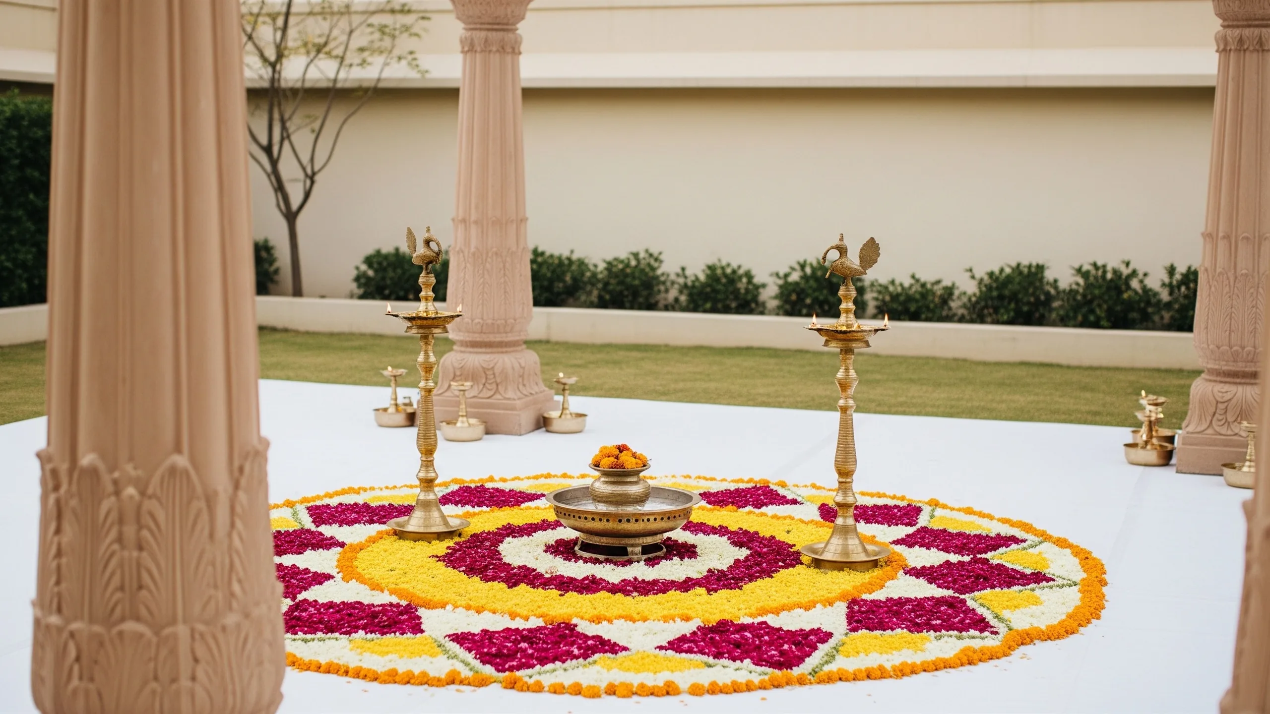 A premium pheras setup with circular floral floor design around the havan kund, brass lamps and rich mandap pillars, in context