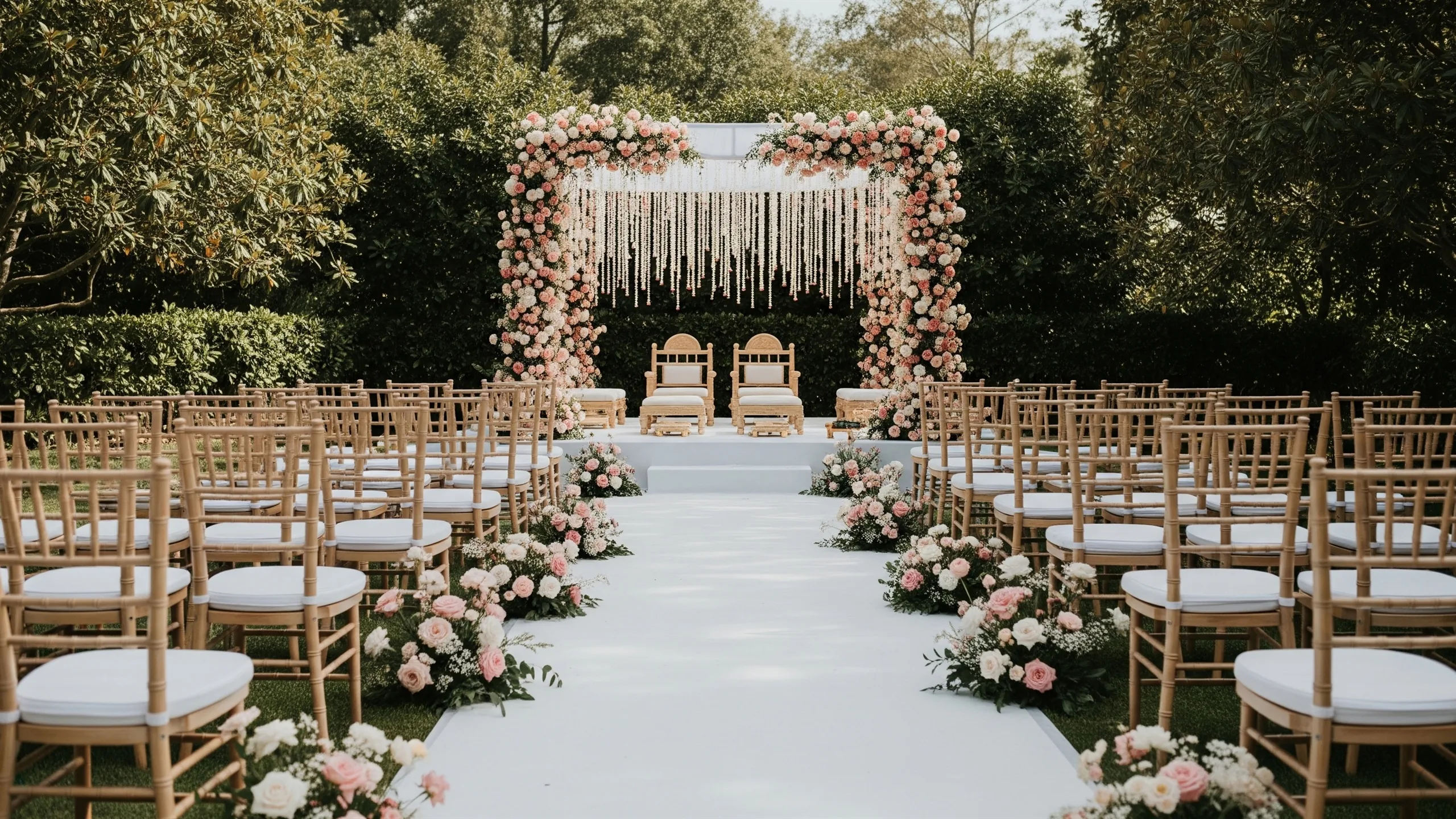 An elegant ceremony guest-view scene showing empty chairs facing a decorated mandap, clear sightlines, styled view