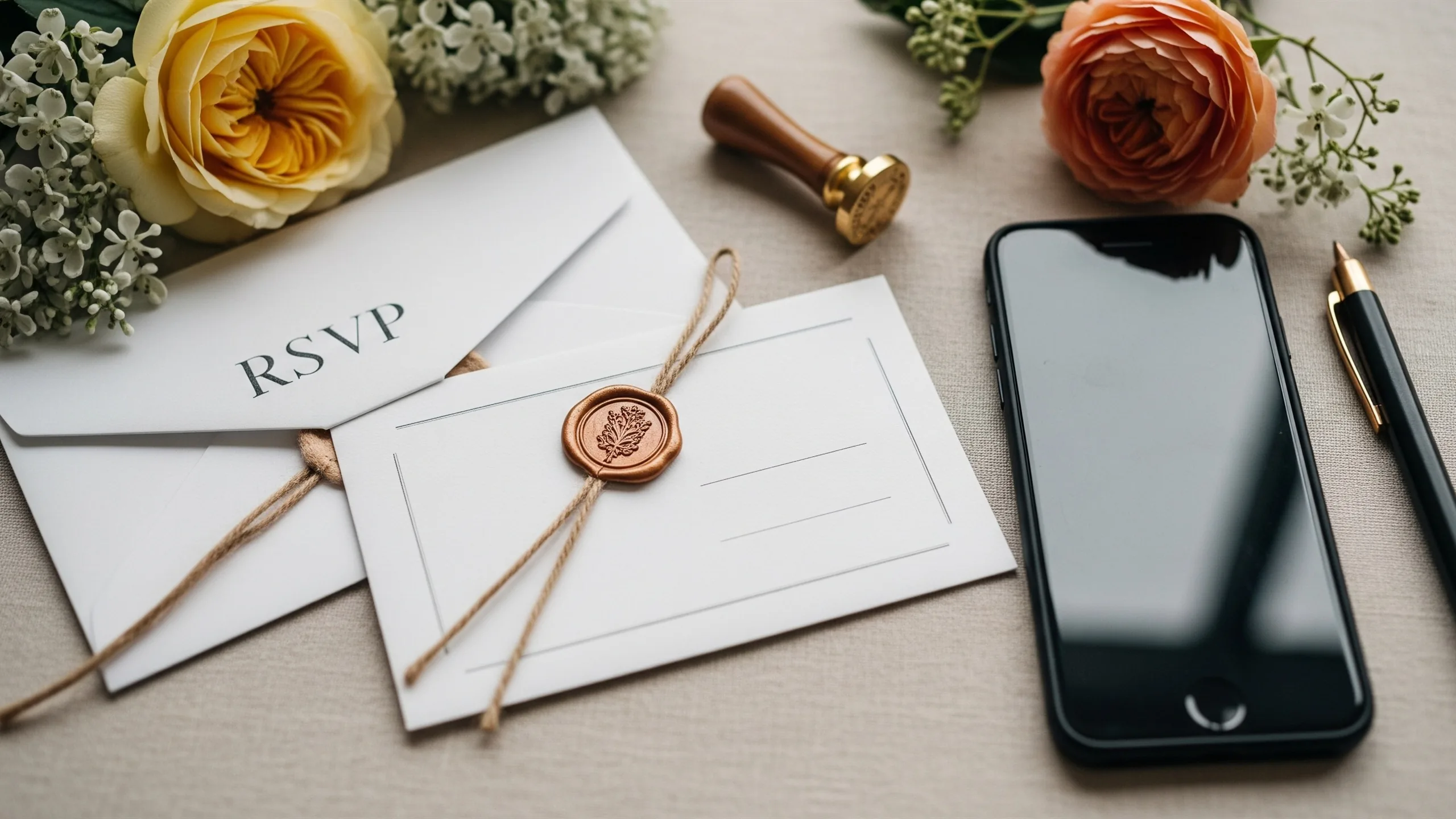 A close detail of blank RSVP-style stationery, sealed envelopes, wax seal, flowers and a phone with unreadable blurred screen, luxury styling, close-up detail