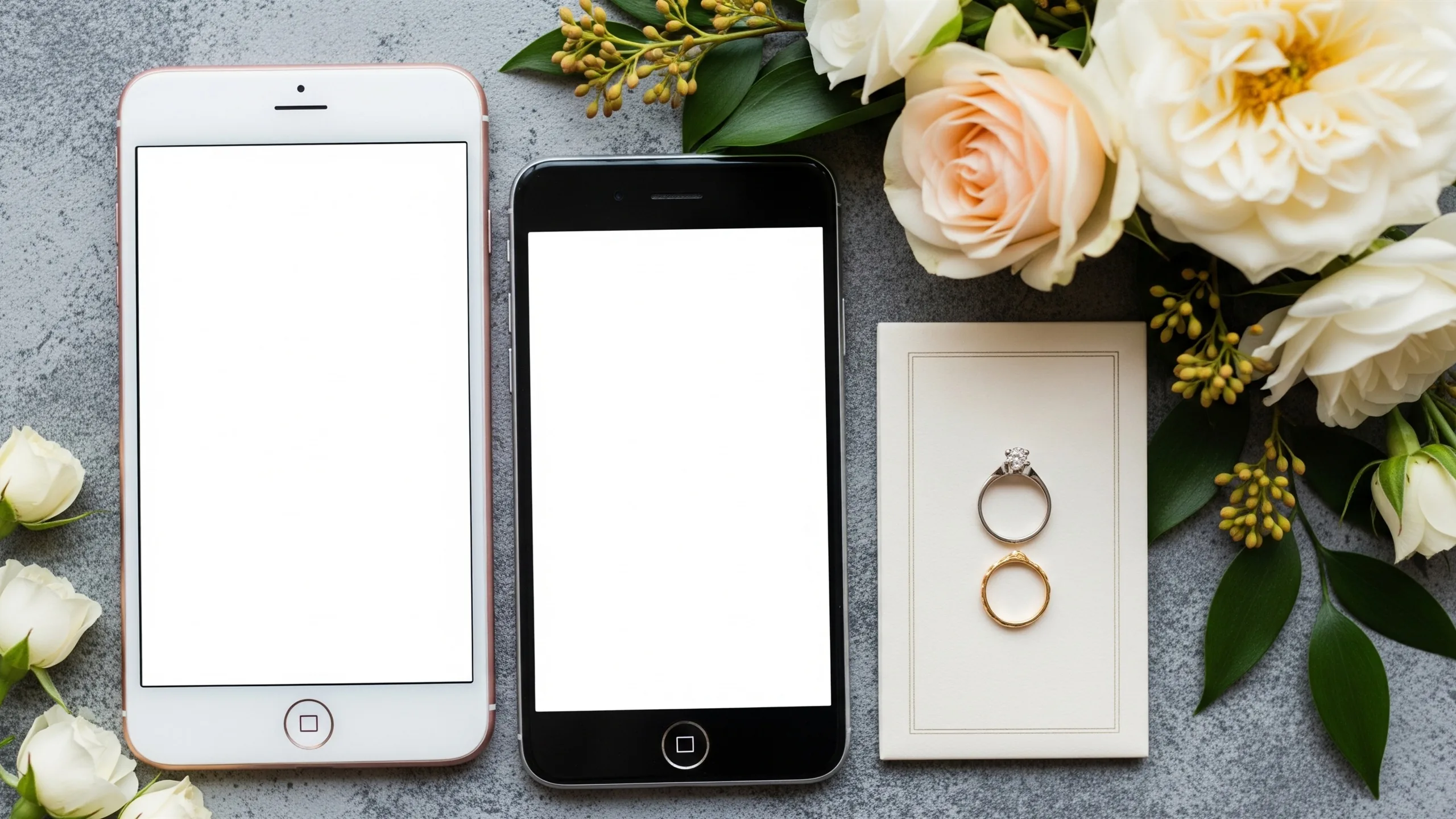A close detail of blank website-style screens on devices beside invitation flowers and rings, all displays unreadable or plain, close-up detail