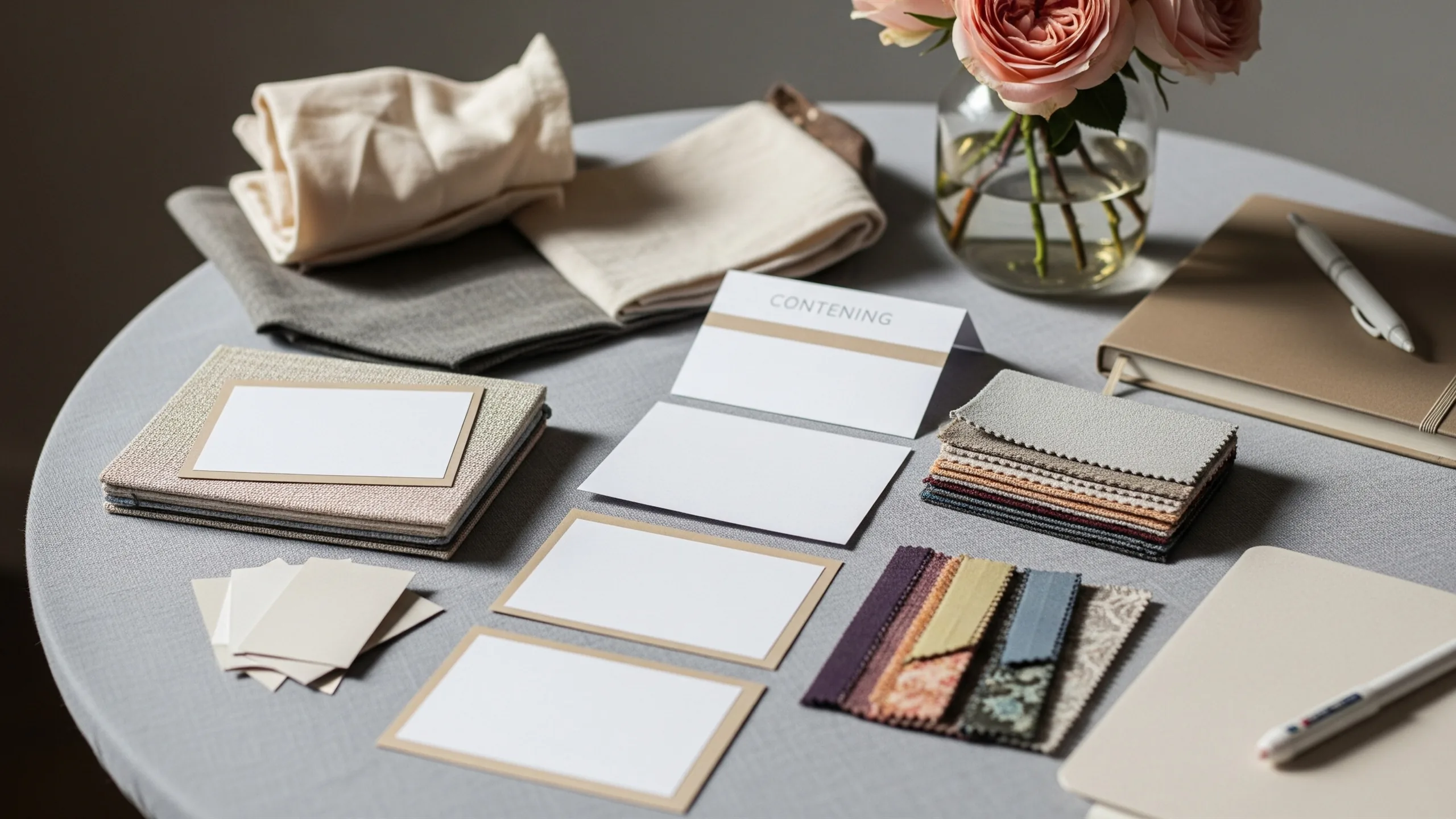 A refined content-planning scene with blank cards, fabric swatches, floral samples and a closed notebook with no visible writing, high-end styling, in context