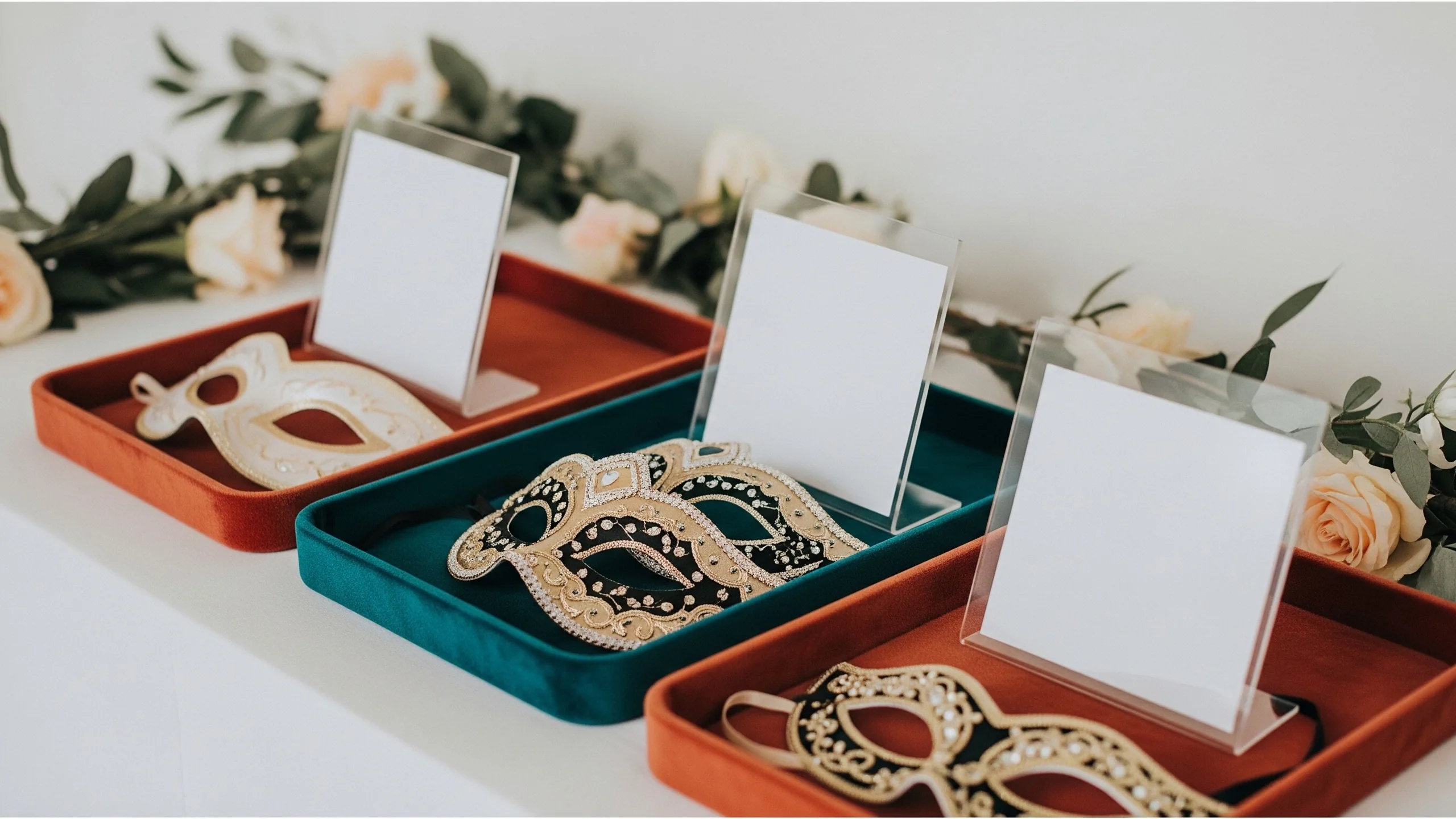 A close detail of premium photo booth props on velvet trays, masks, floral garlands and blank acrylic signs turned away, no readable text, close-up detail