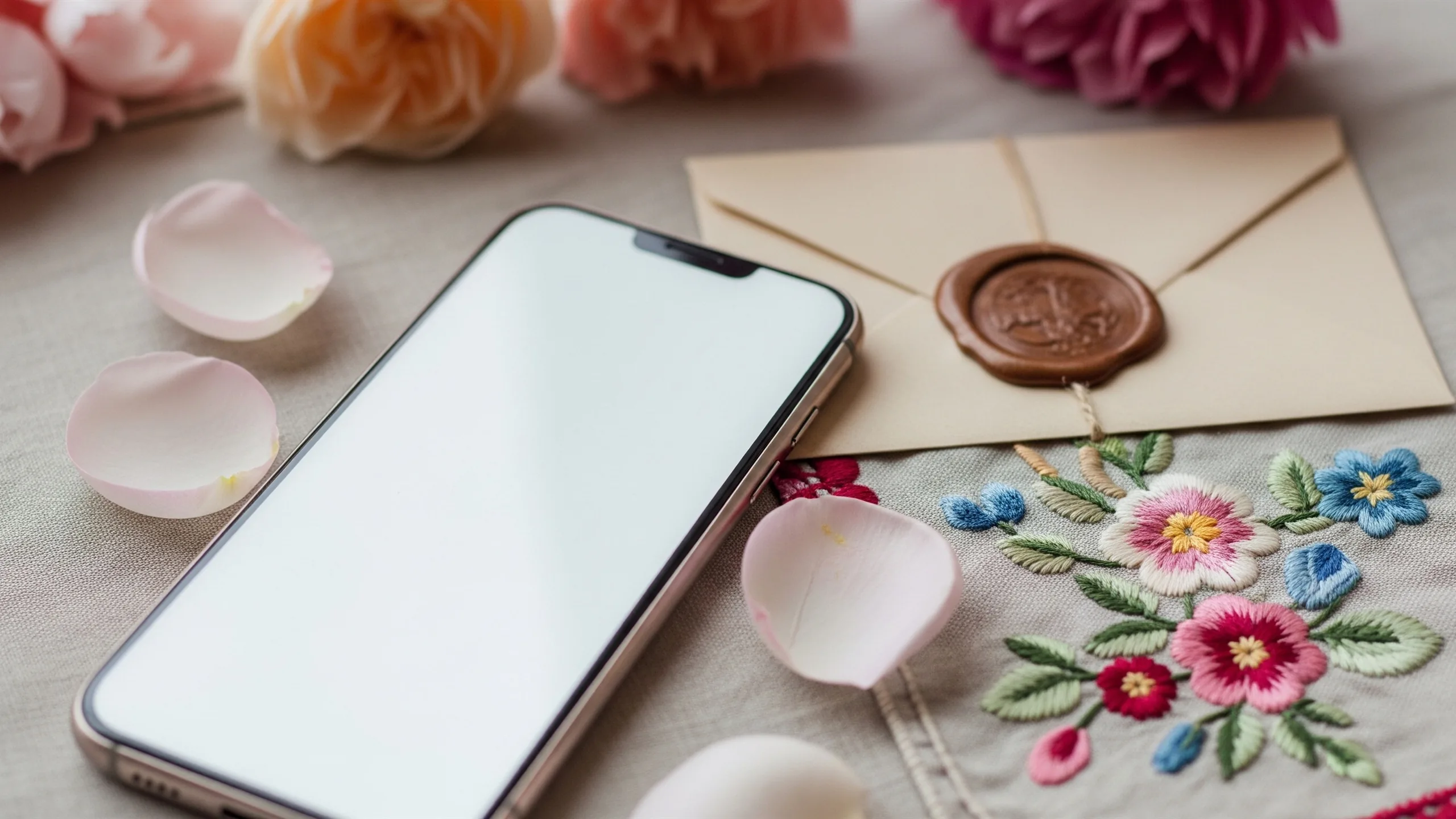 A close detail of blank phone, floral petals, wax-sealed envelope with no writing and embroidered fabric, close-up detail