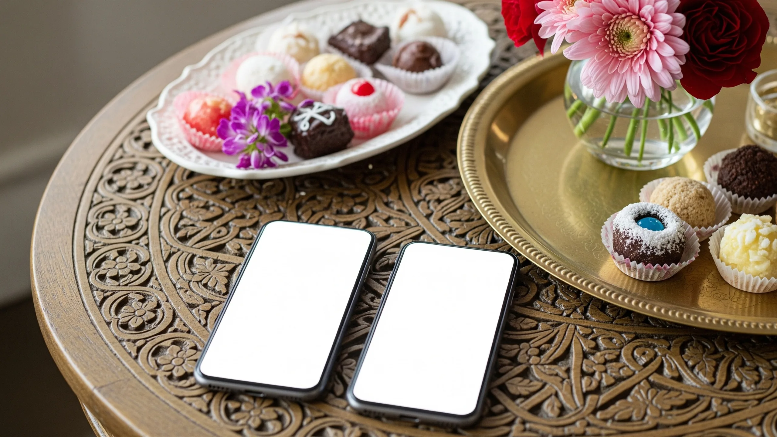 A luxury invitation-sharing still life with two blank smartphones, sweets, flowers and brass tray on a carved table, no readable screens, in context