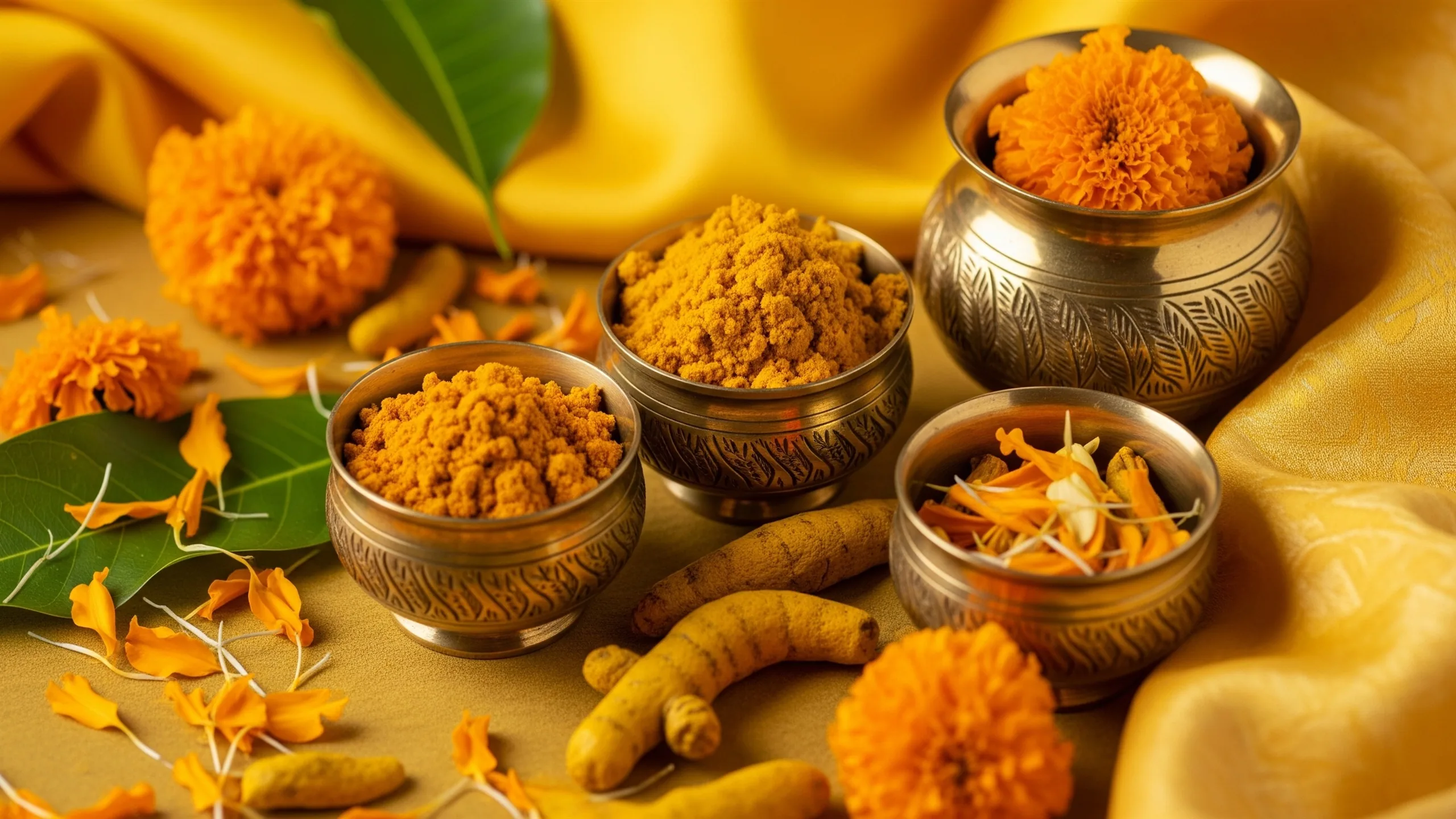 A close detail of turmeric paste in engraved brass bowls, marigold petals, mango leaves and yellow silk fabric, premium styling, no hands, close-up detail