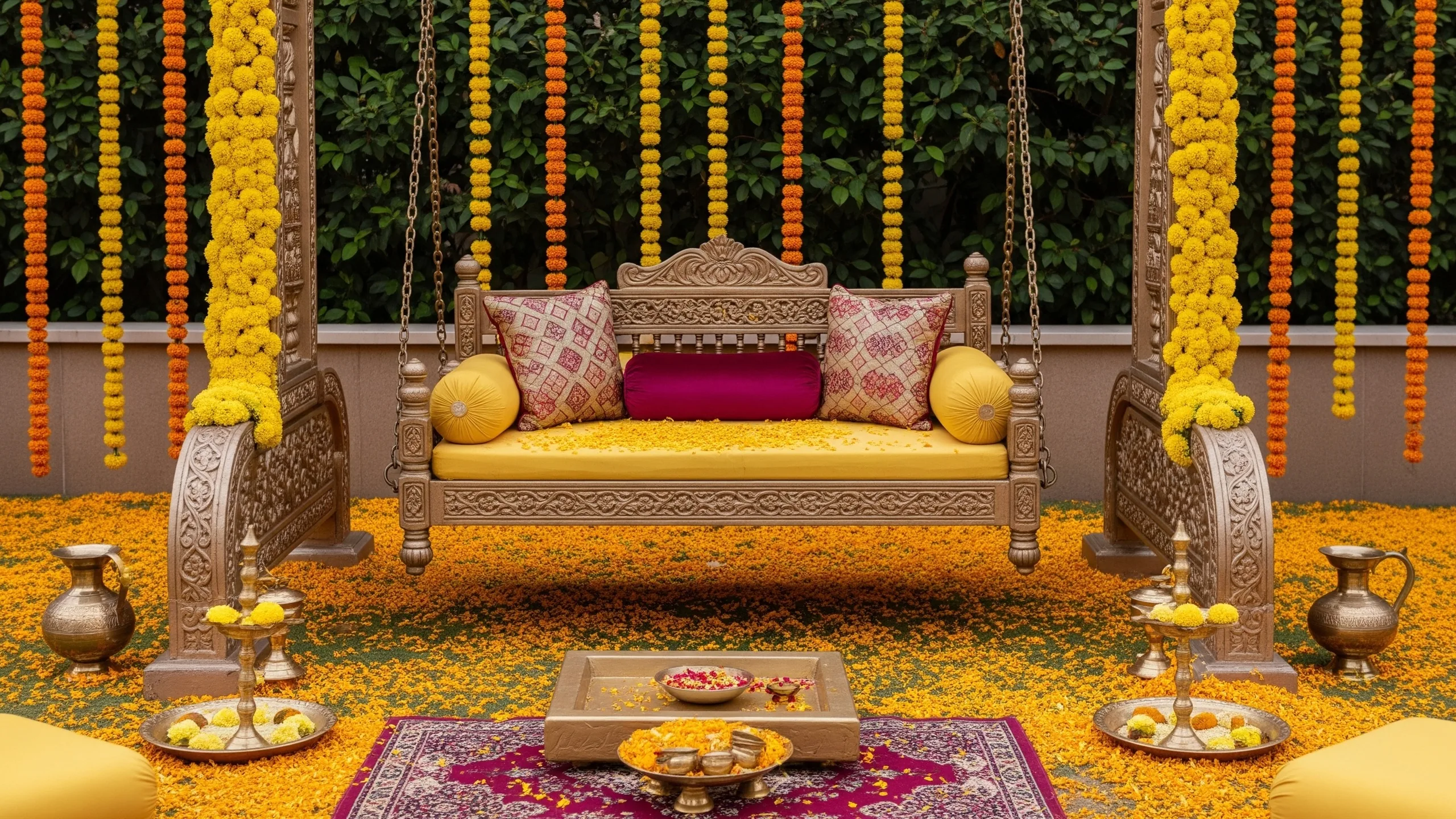 A luxury haldi seating setup with carved swing, yellow florals, brass urlis and rich cushions, garden daylight, no signage, in context