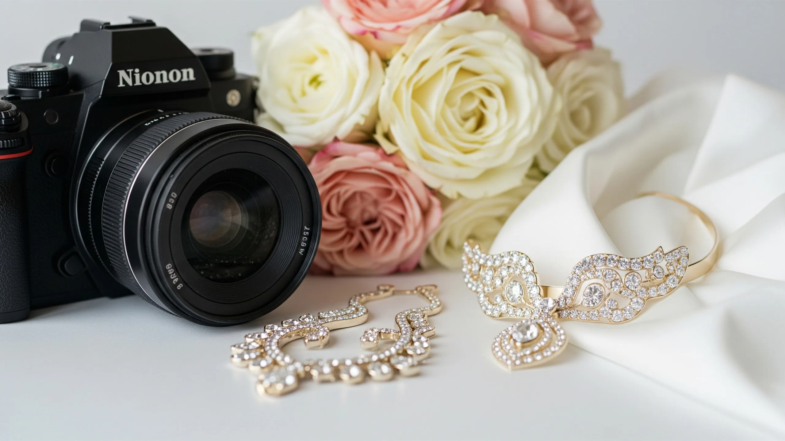 A close detail of a professional camera lens beside bridal jewelry, flowers and silk fabric, all brand marks hidden, close-up detail