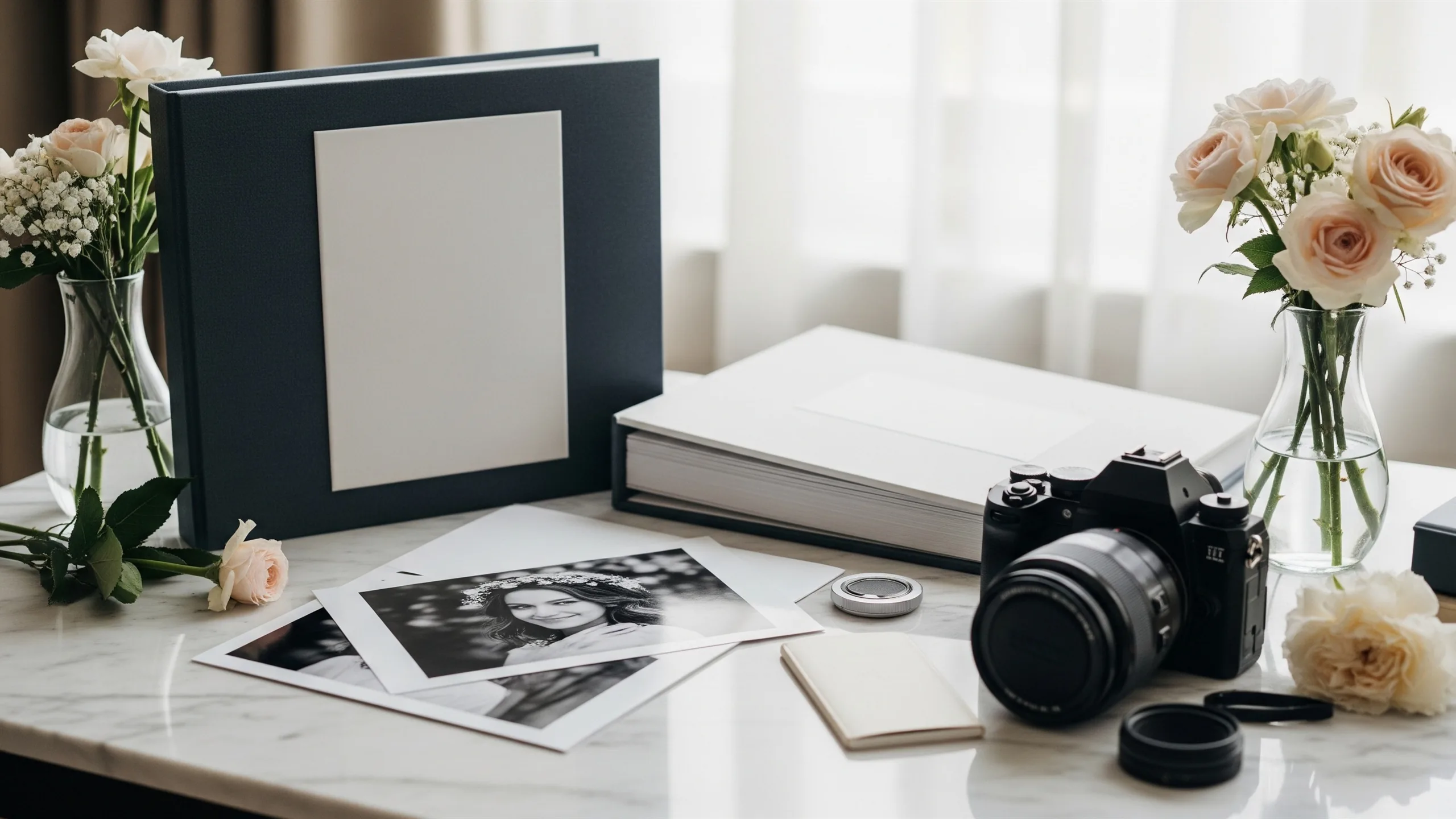 A luxury album and print proof scene with blank photo covers, camera gear and floral details on a marble table, no visible images of people, no text, styled view