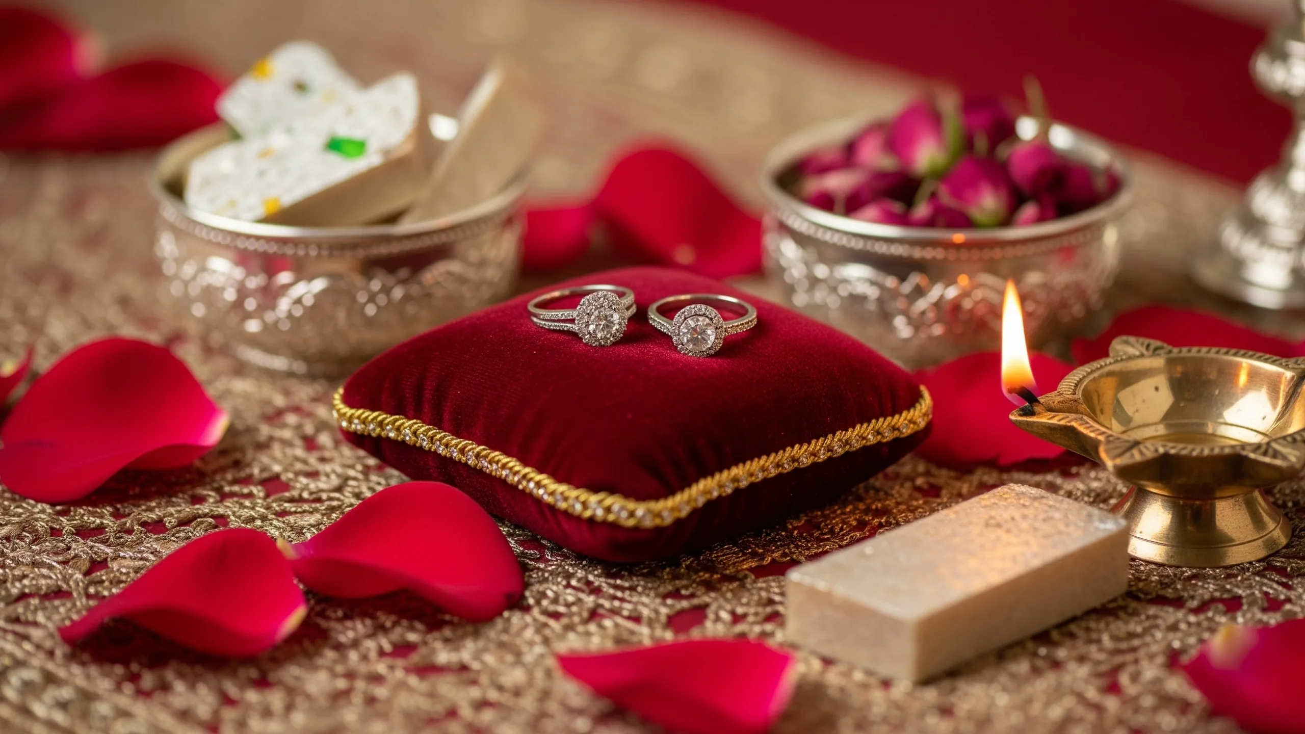 A close detail of engagement rings on a velvet cushion, mithai in silver bowls, rose petals and brass diya, no cards, close-up detail