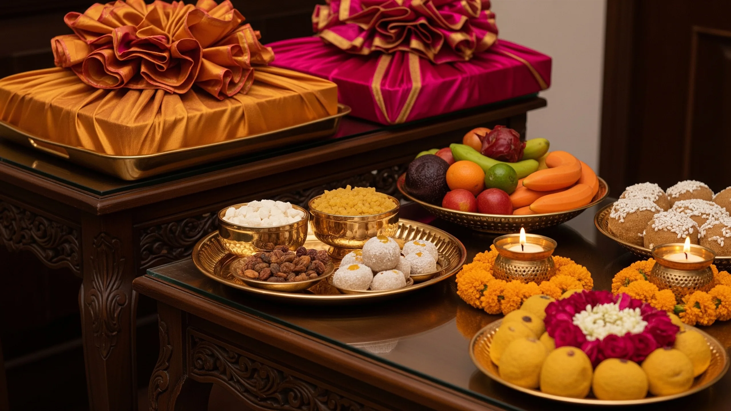 An elegant family gift exchange setup with silk-wrapped trays, dry fruits, sweets and floral garlands on carved tables, no labels, in context