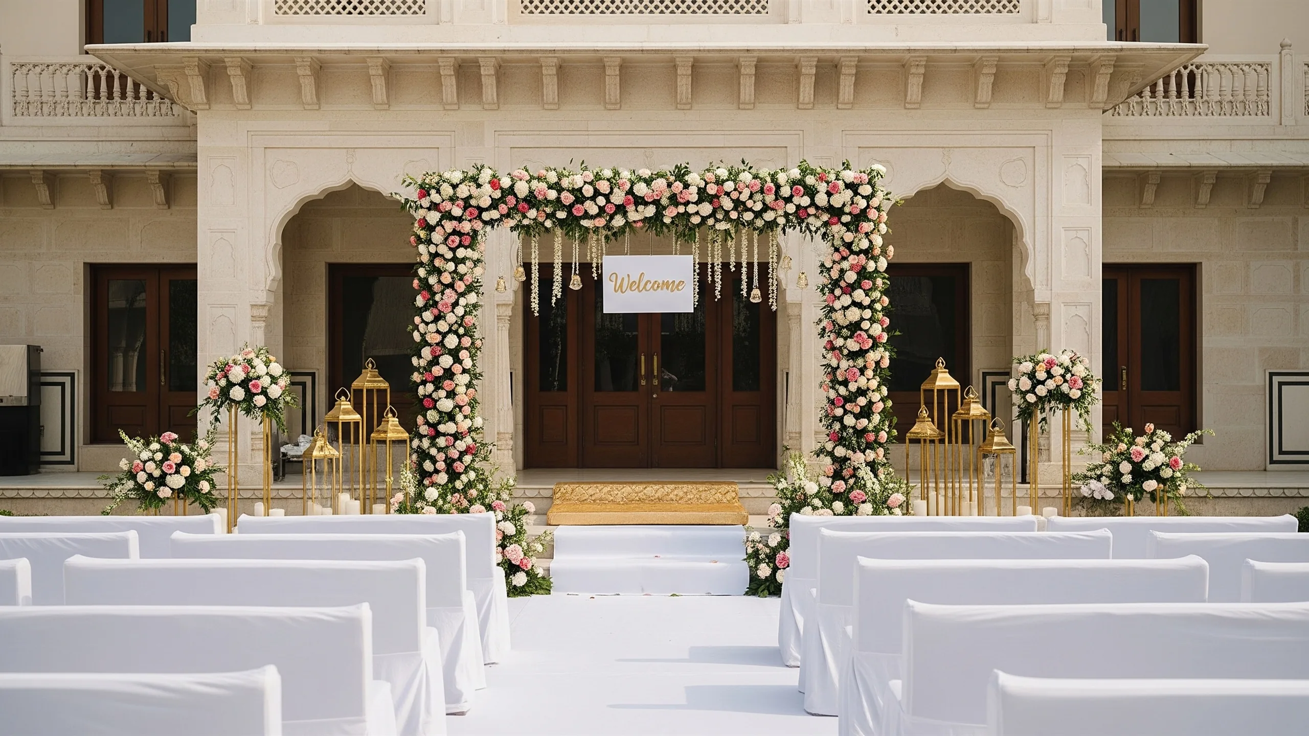 A refined Sikh wedding welcome setup with floral arrangements, covered seating and respectful architectural details, no signage, styled view