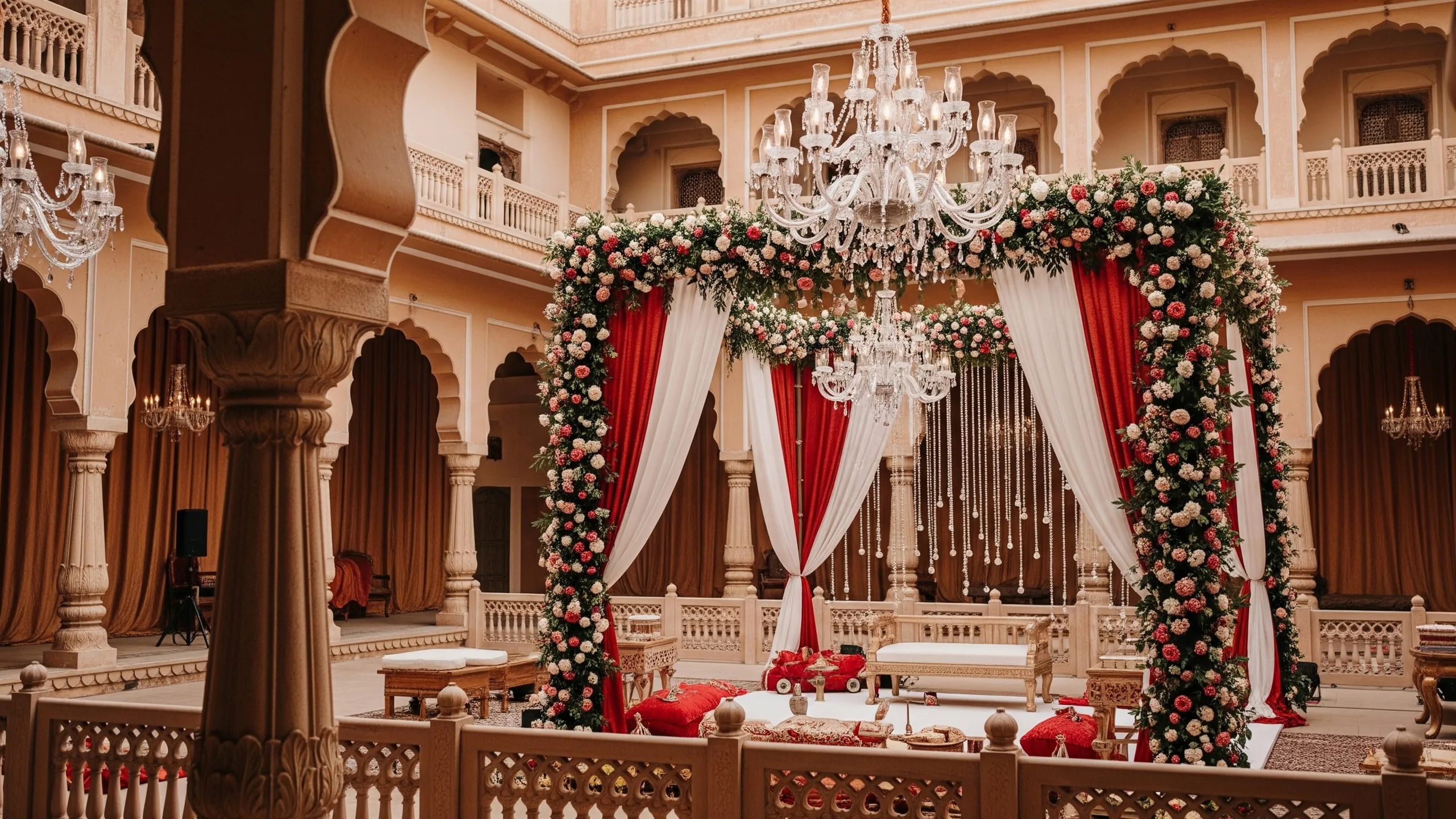 A Jaipur palace courtyard wedding with chandeliers, rich drapes, floral mandap and sandstone arches, in context
