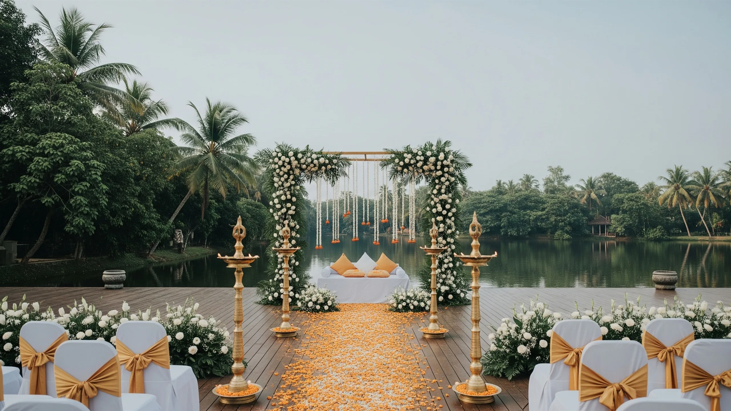 A Kerala backwater destination wedding deck with lush greenery, elegant mandap, brass lamps and calm water view, styled view