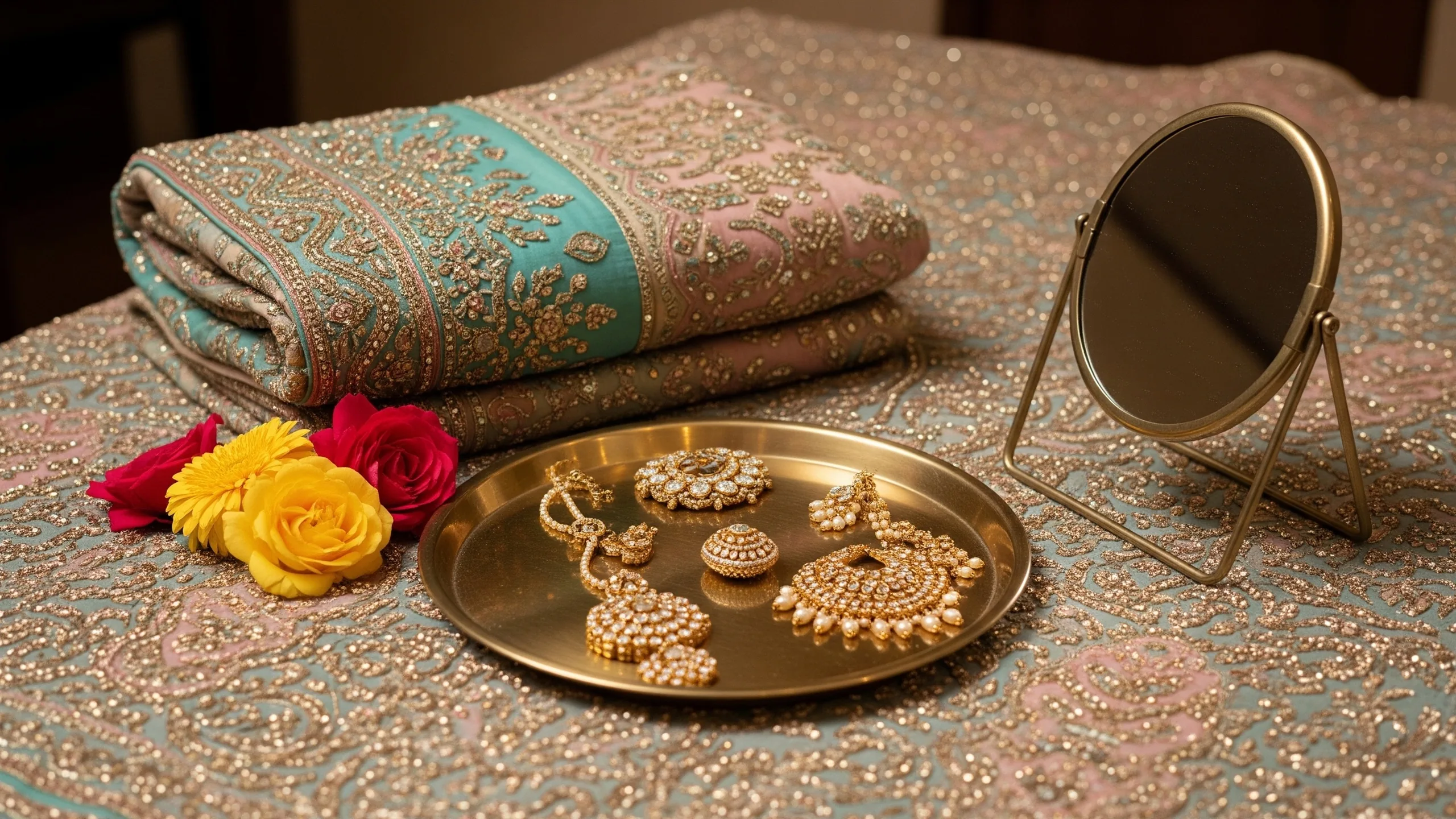 A premium jewellery tray beside folded bridal lehenga fabric, flowers and brass mirror angled away, no reflections, in context