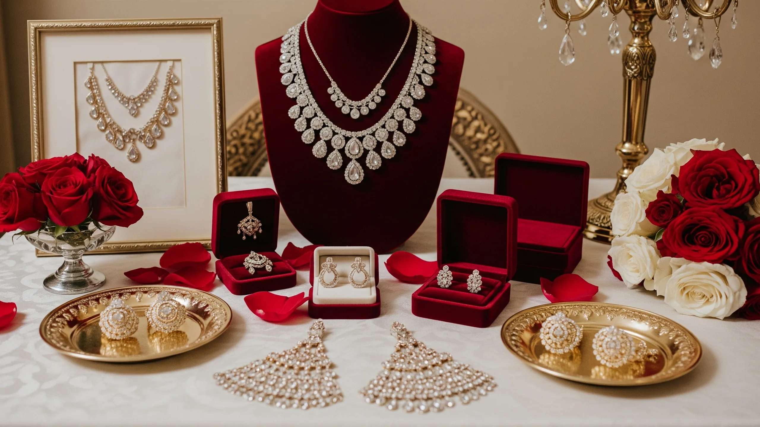 An opulent bridal accessory table with layered jewellery sets, velvet boxes, rose petals and warm controlled light, no brand marks, styled view