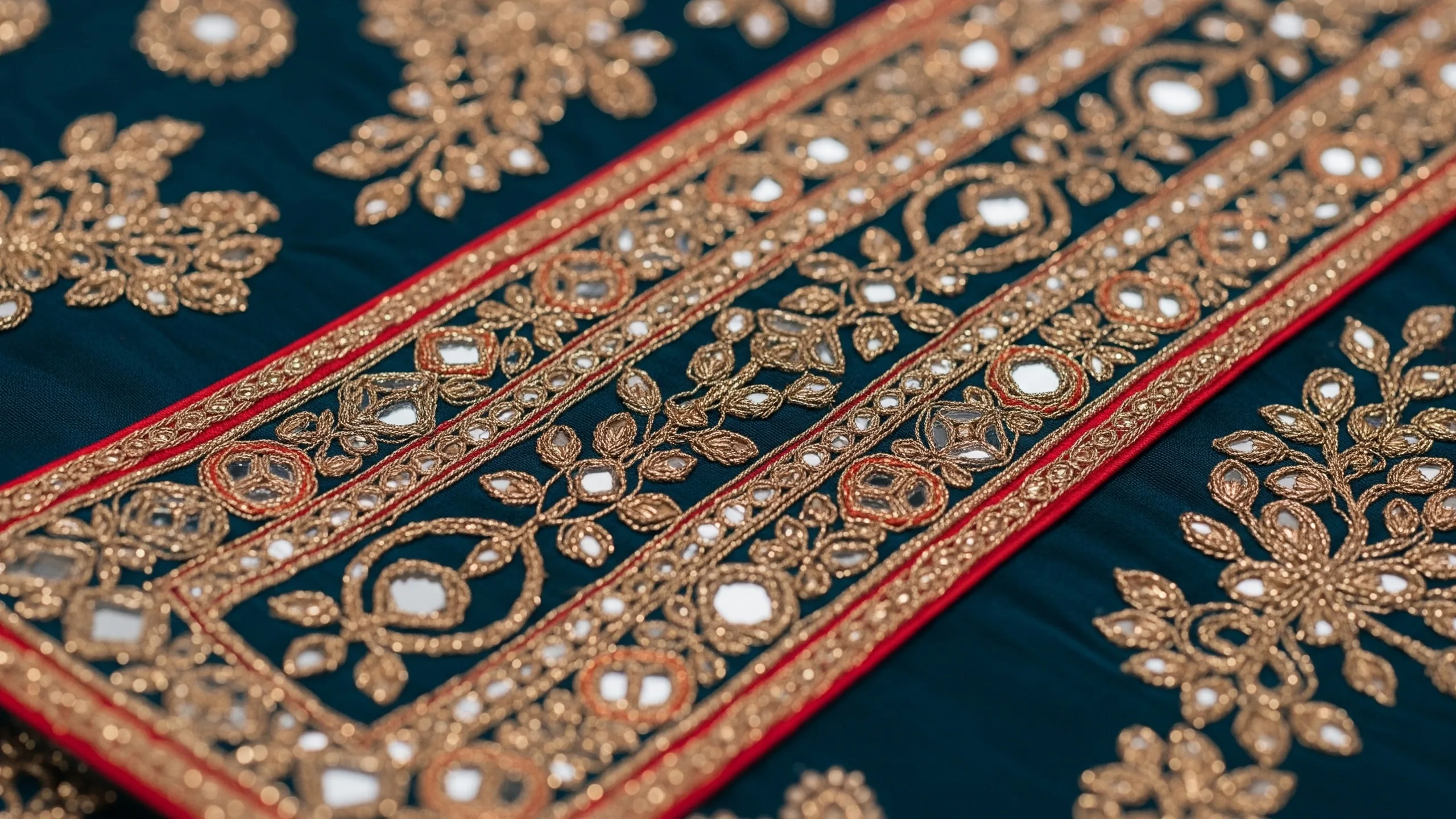 A close detail of premium zardozi, gota, mirror work and silk embroidery on bridal lehenga fabric, jewel-toned palette, no labels, close-up detail