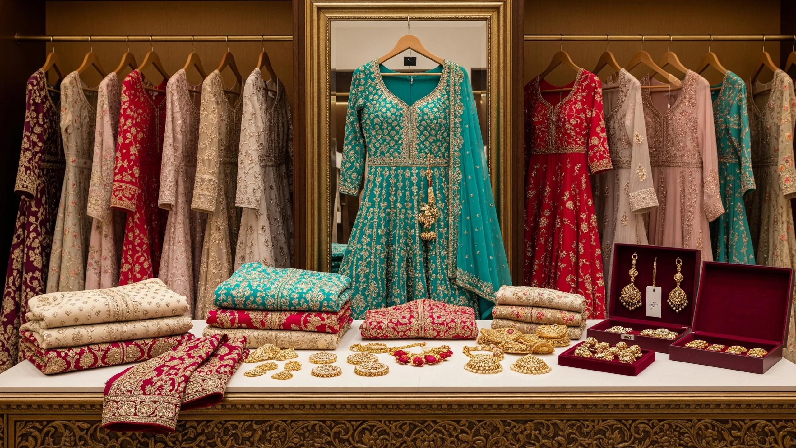 An opulent bridal shopping display with folded lehengas, fabric swatches, kundan accessories and carved furniture, no tags, styled view