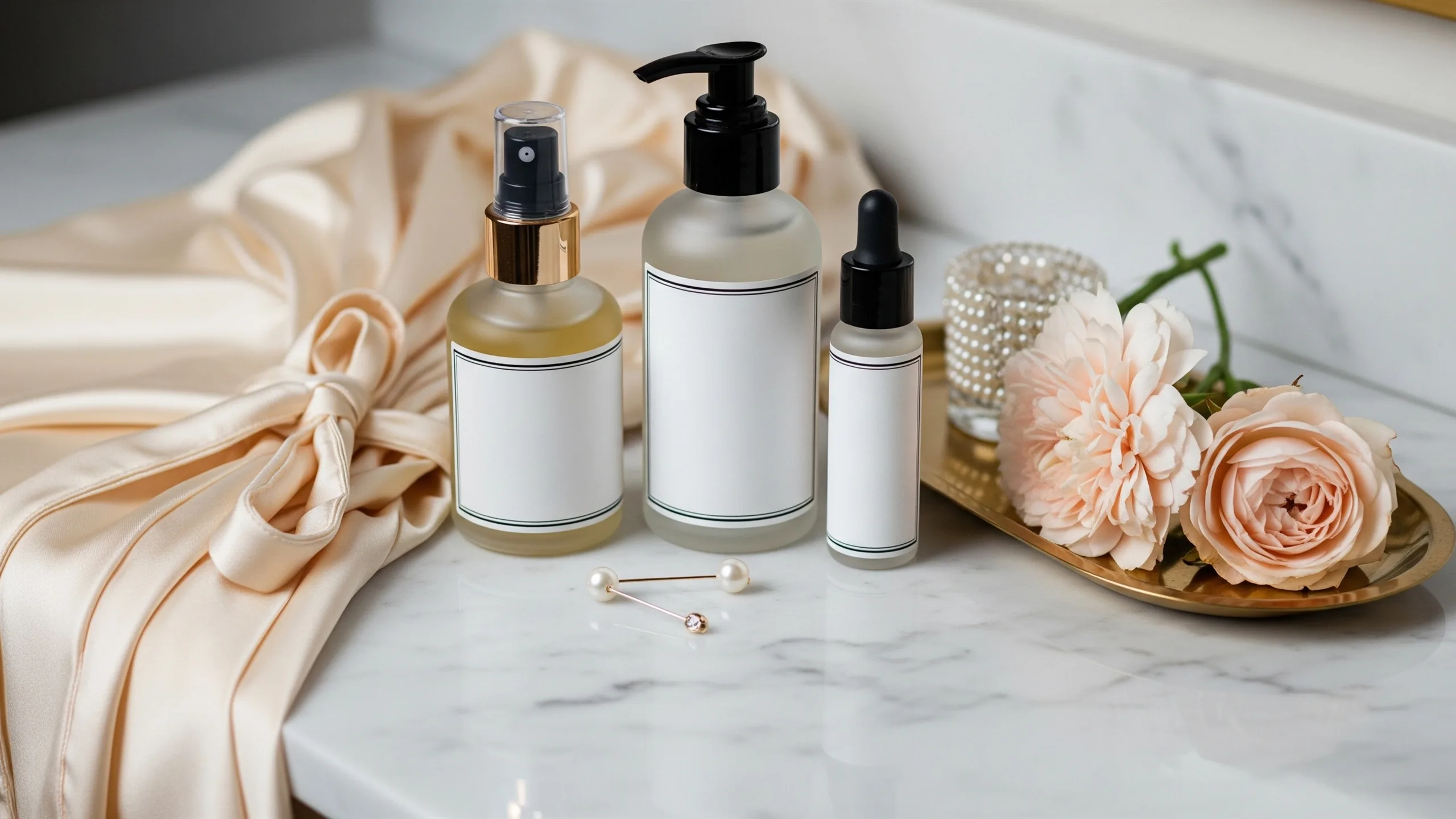 A close detail of skincare bottles with blank labels, silk robe, pearl pins, flowers and gold tray on a marble vanity, no readable text, close-up detail