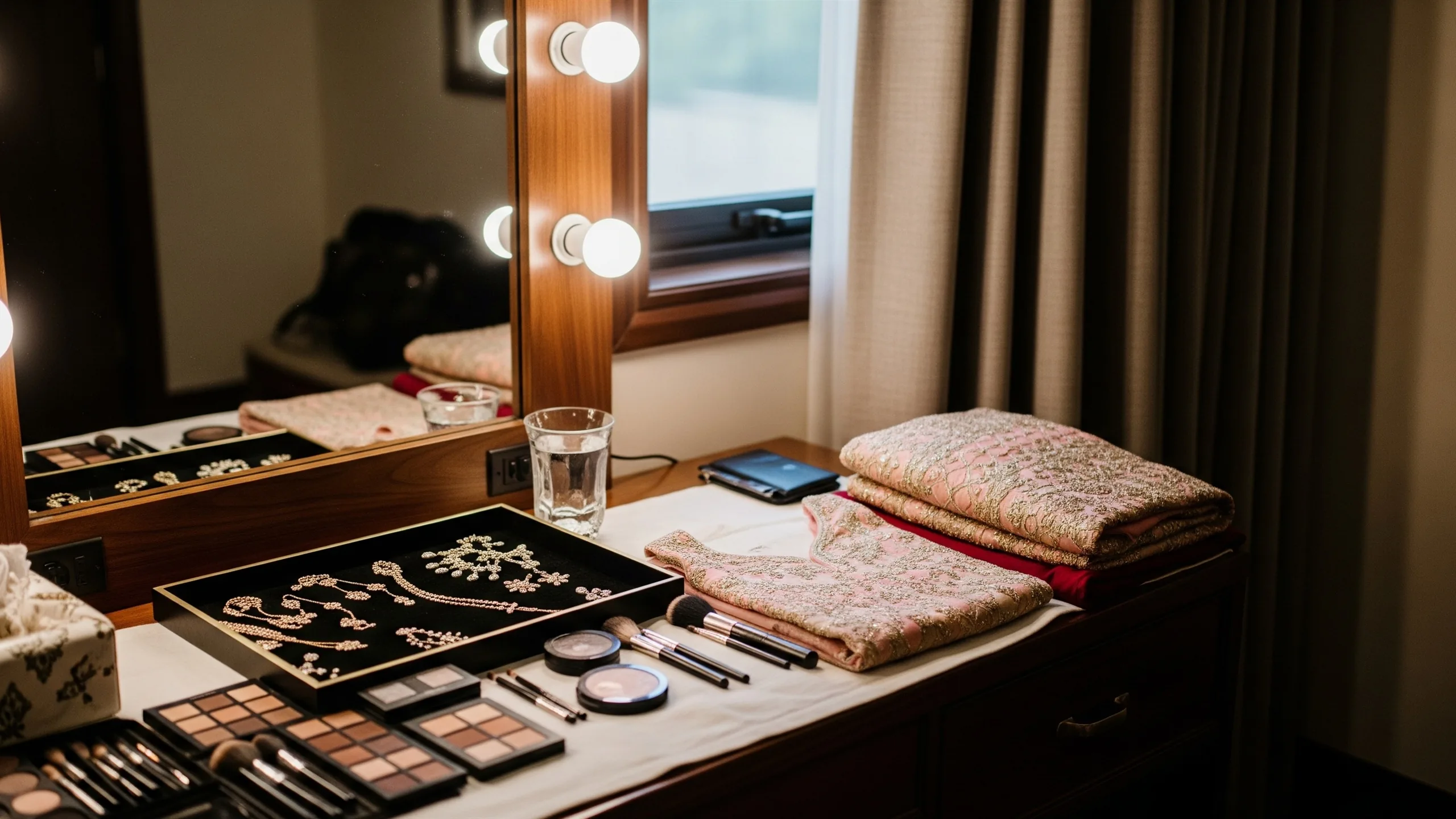 An elegant bridal prep suite with vanity lights, jewelry tray, lehenga fabric and makeup kit arranged neatly, no mirror reflections, in context