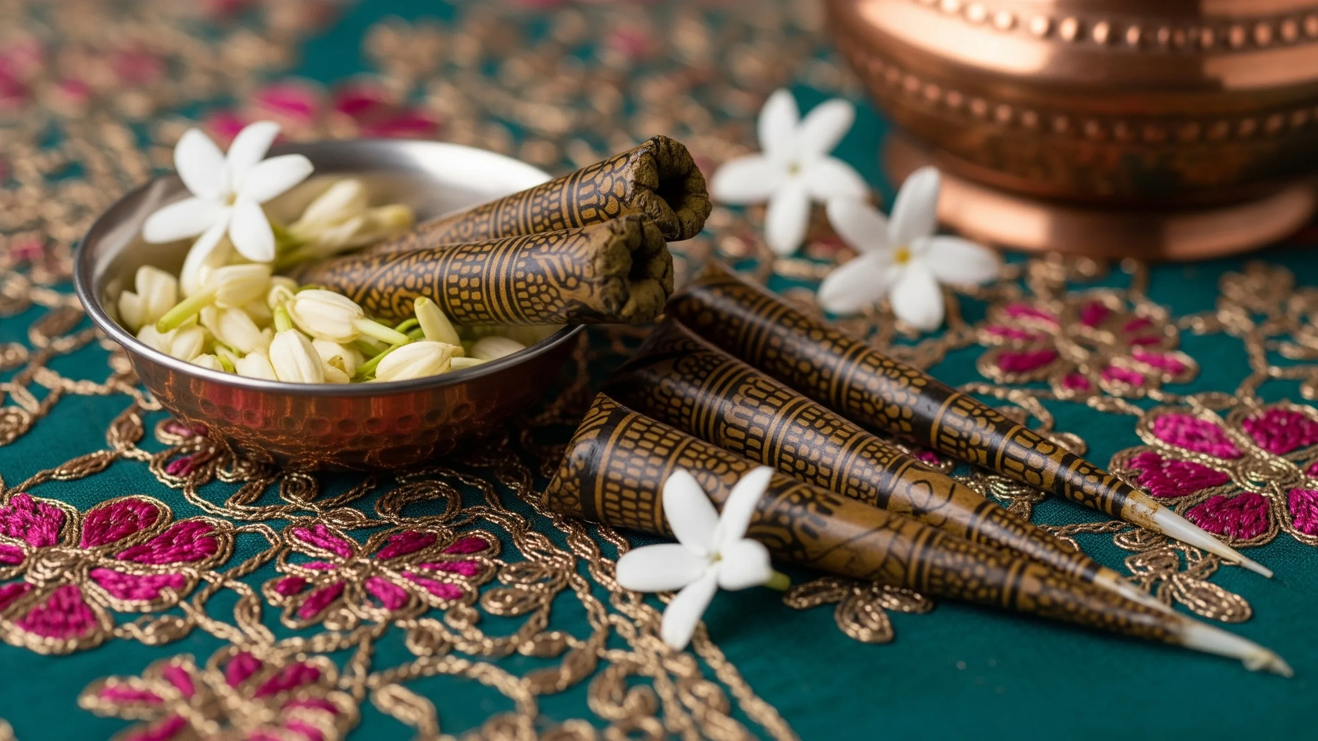 A close detail of fresh henna cones, copper bowl, jasmine flowers and embroidered silk, luxury texture focus, no labels, close-up detail