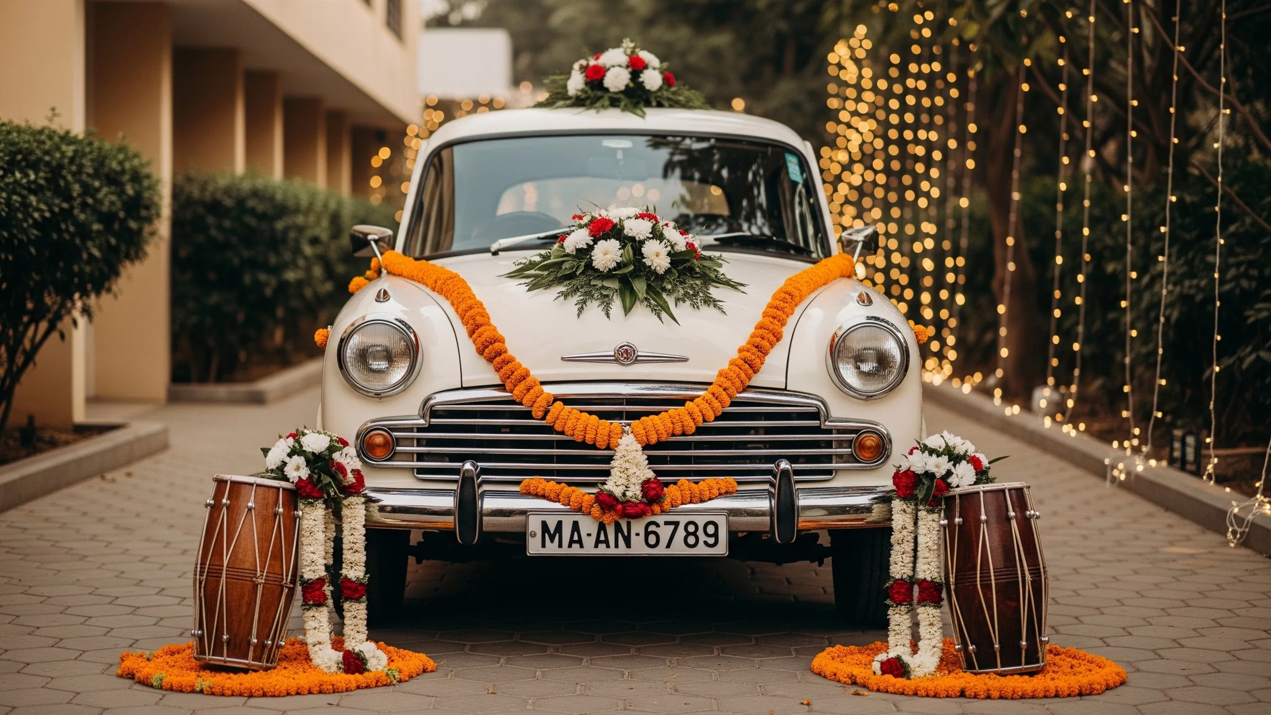 A premium groom entry path with decorated vintage car, floral garlands, close-up detail