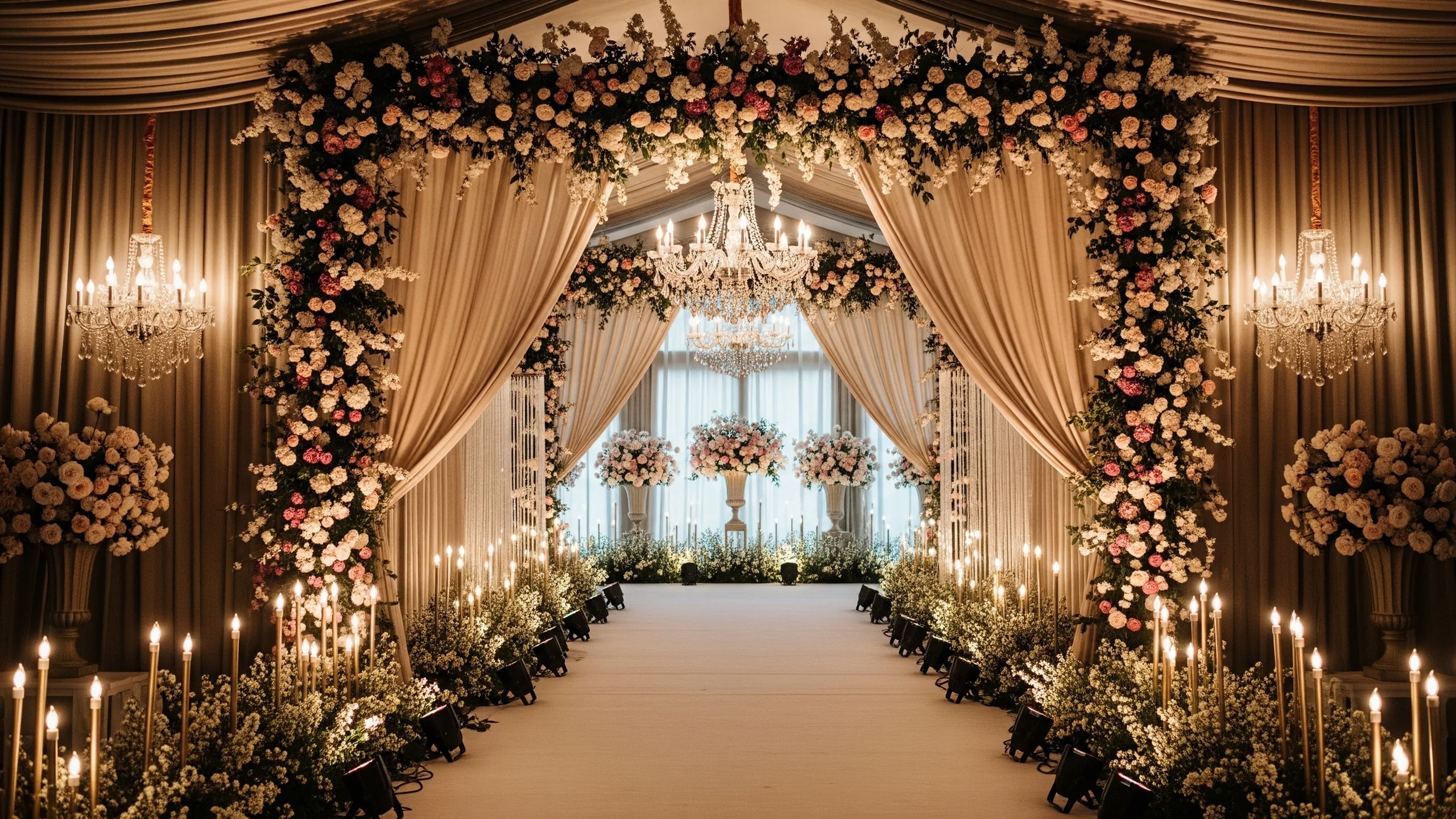 A luxury stage entrance with cascading flowers, chandeliers, rich drapes and spotlighted walkway, styled view