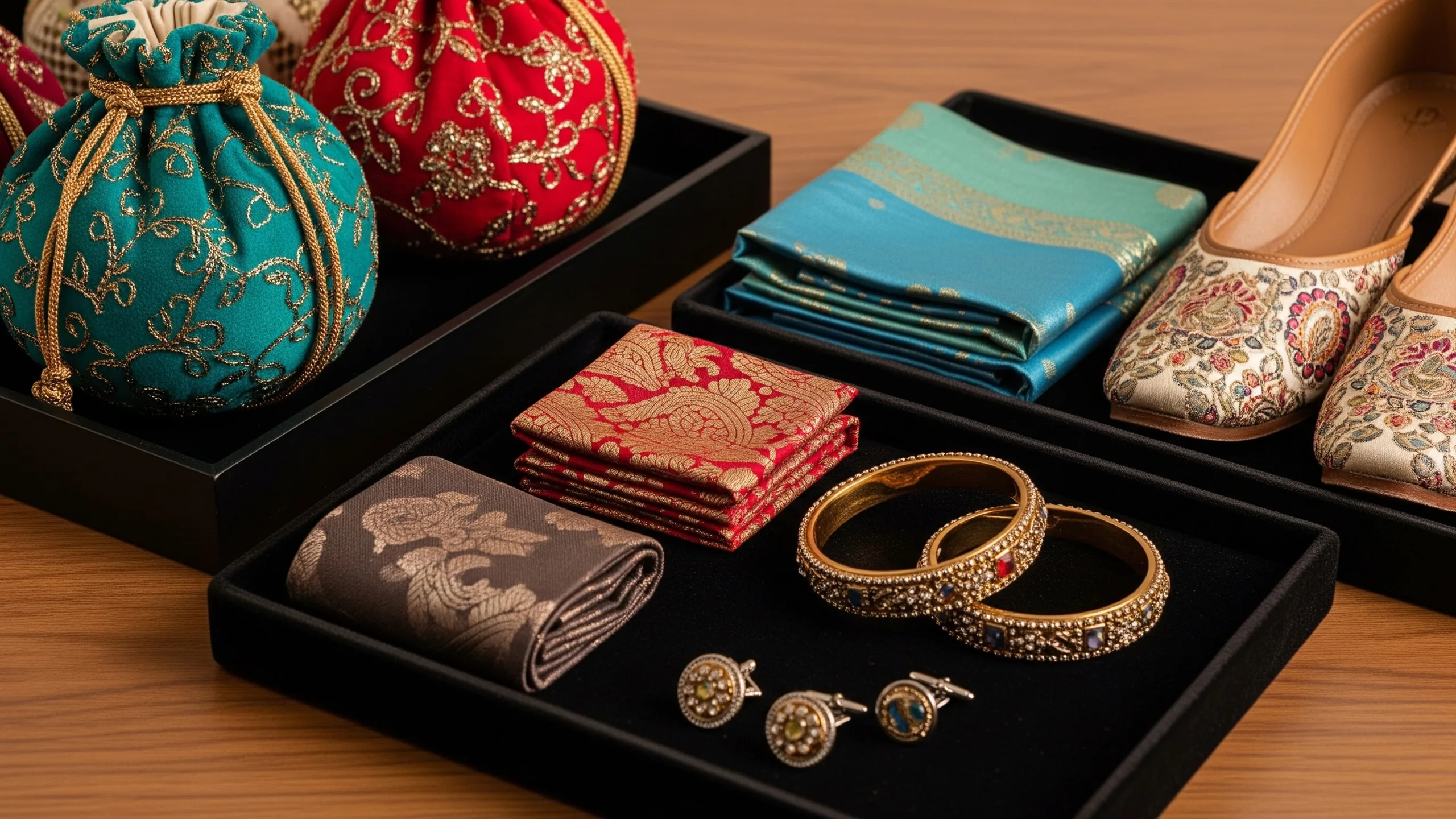 A close detail of color-matched accessories: potli bags, pocket squares, bangles, cufflinks and juttis on velvet trays, no labels, close-up detail